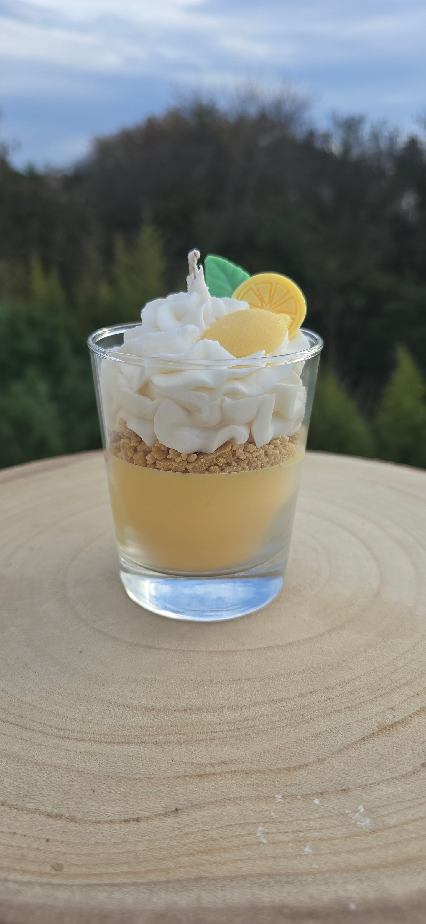 Bougie artisanale citron meringué photographiée en extérieur sur un rondin de bois, avec un arrière-plan naturel flou d'arbres et de ciel.