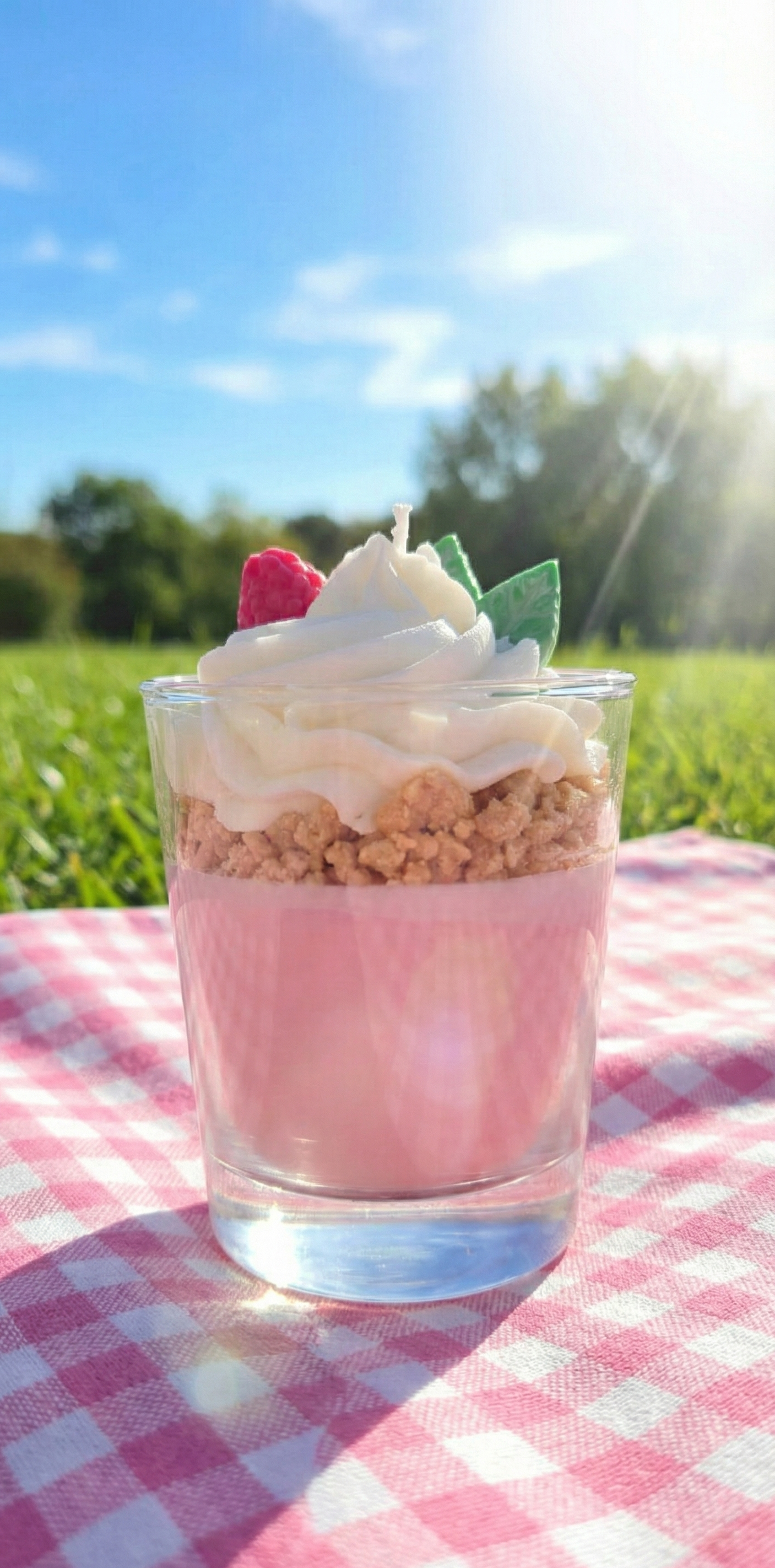 Bougie parfumée estivale présentée sur une nappe de pique-nique vichy rose dans l'herbe sous un ciel bleu ensoleillé.