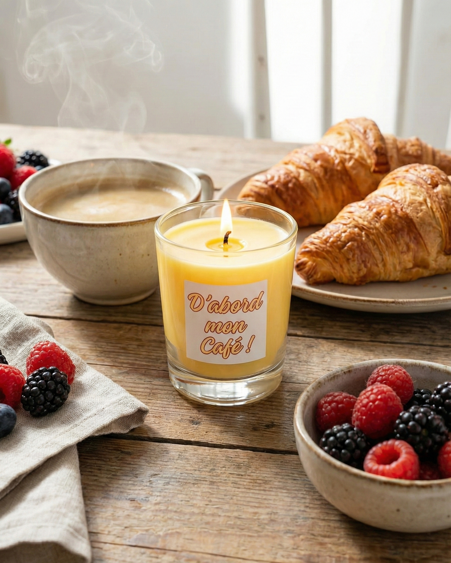 Bougie jaune "D'abord mon Café" sur une table de petit déjeuner rustique accompagnée de croissants frais, café chaud et fruits rouges