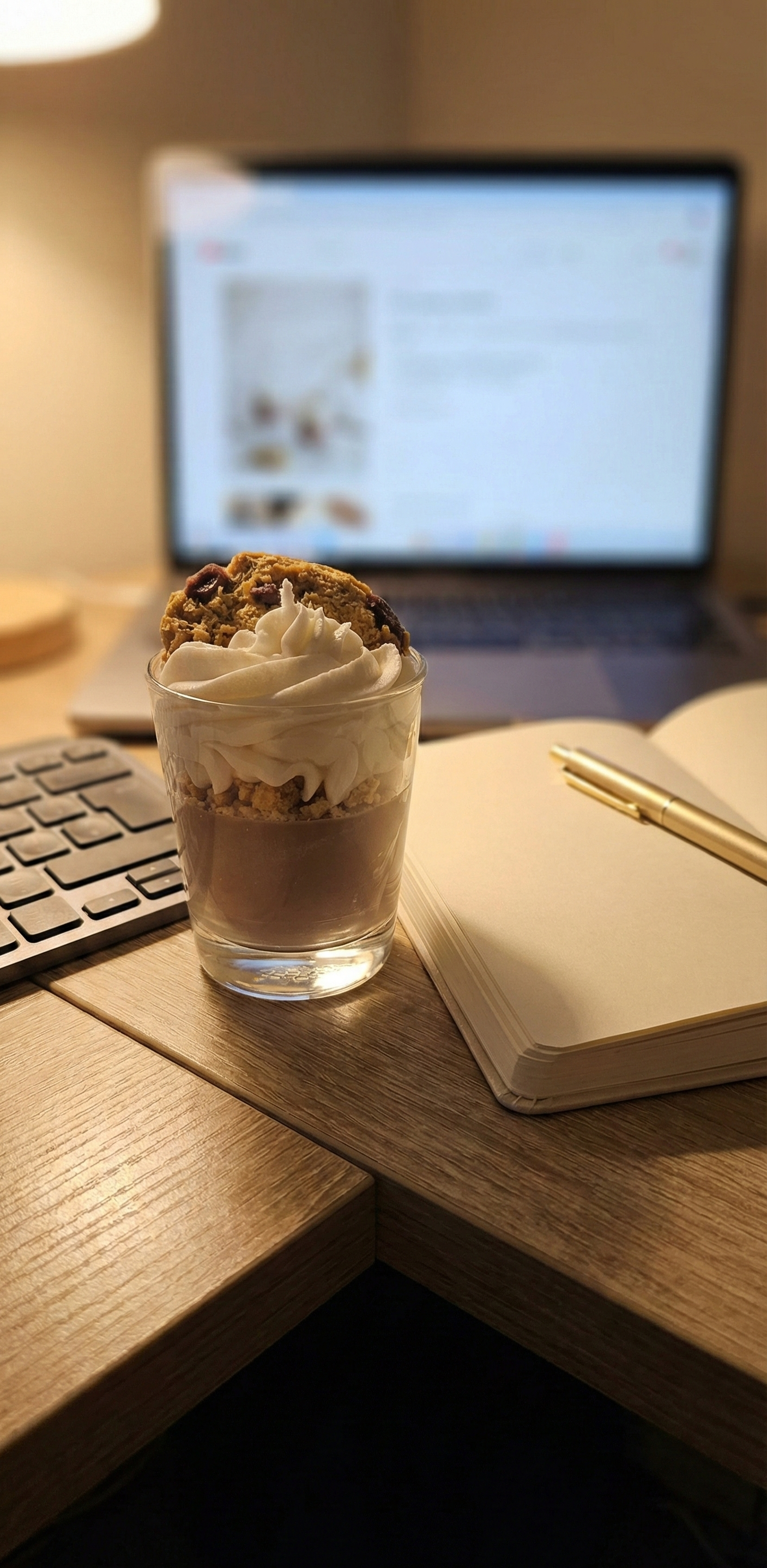 Bougie décorative style cookie et chantilly posée sur un bureau avec ordinateur portable et carnet, ambiance télétravail cocooning