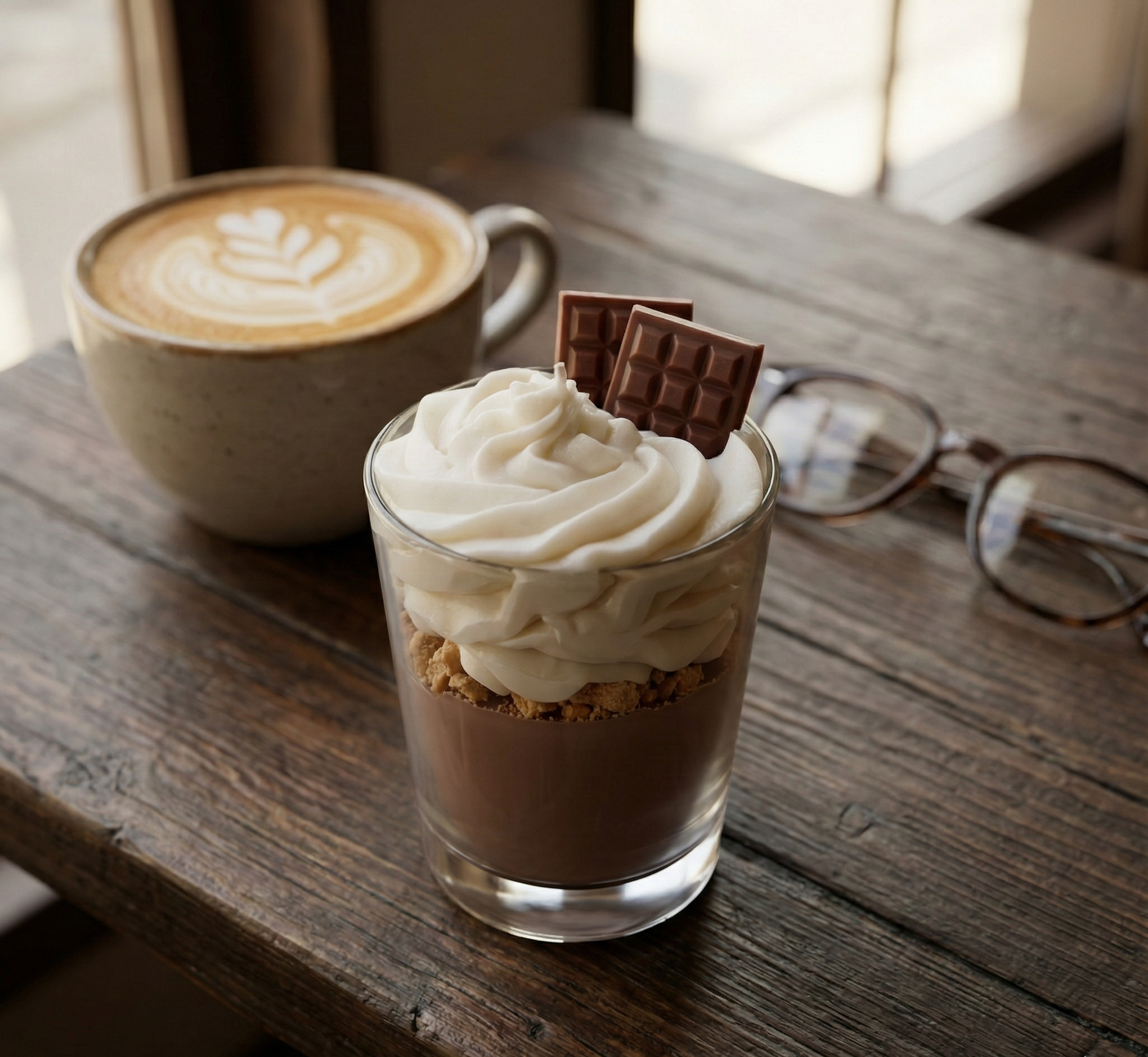 Une bougie en trompe-l'œil façon mousse au chocolat posée sur une table en bois sombre, à côté d'une tasse de cappuccino avec du latte art et d'une paire de lunettes, évoquant une ambiance de café détendue.