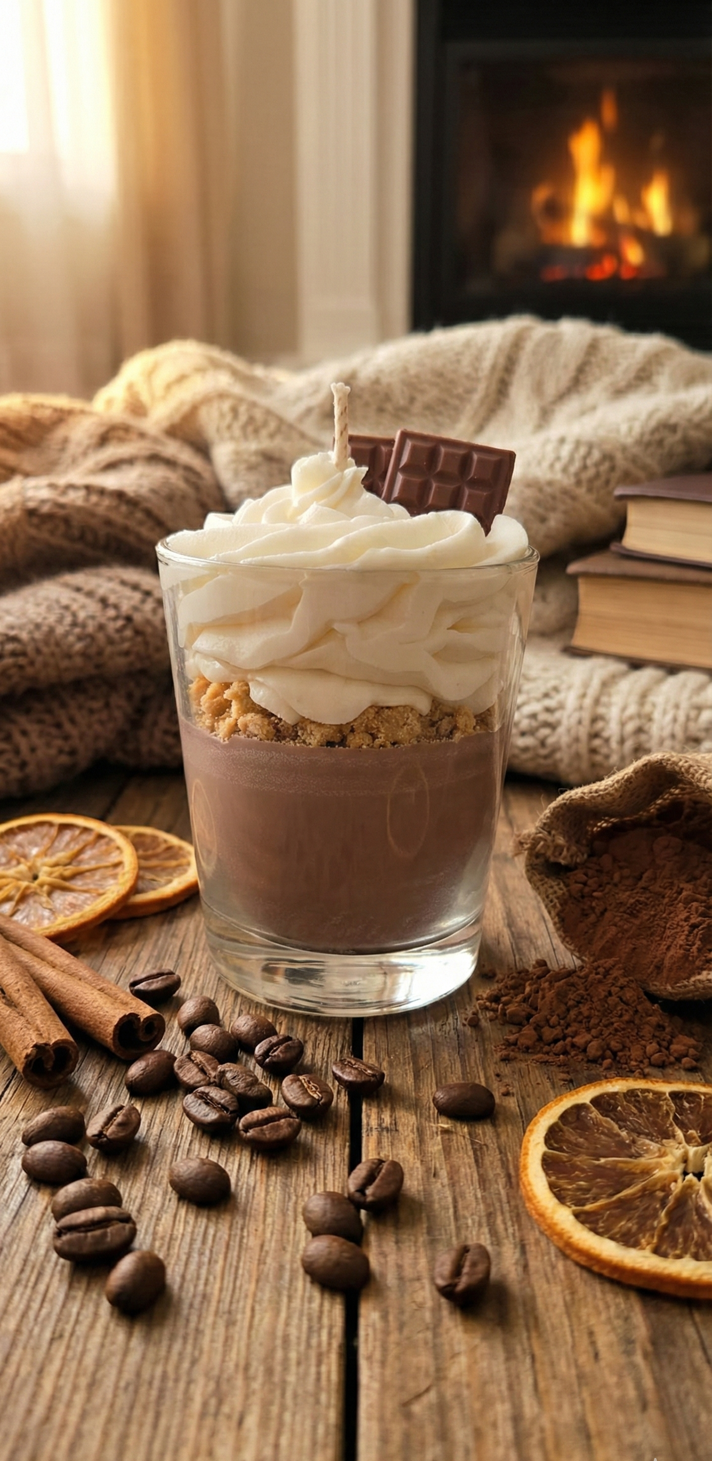 Bougie gourmande au chocolat mise en scène dans une ambiance chaleureuse (cocooning) devant un feu de cheminée. Elle est entourée d'un plaid en tricot beige, de tranches d'orange séchées, de bâtons de cannelle et de grains de café.