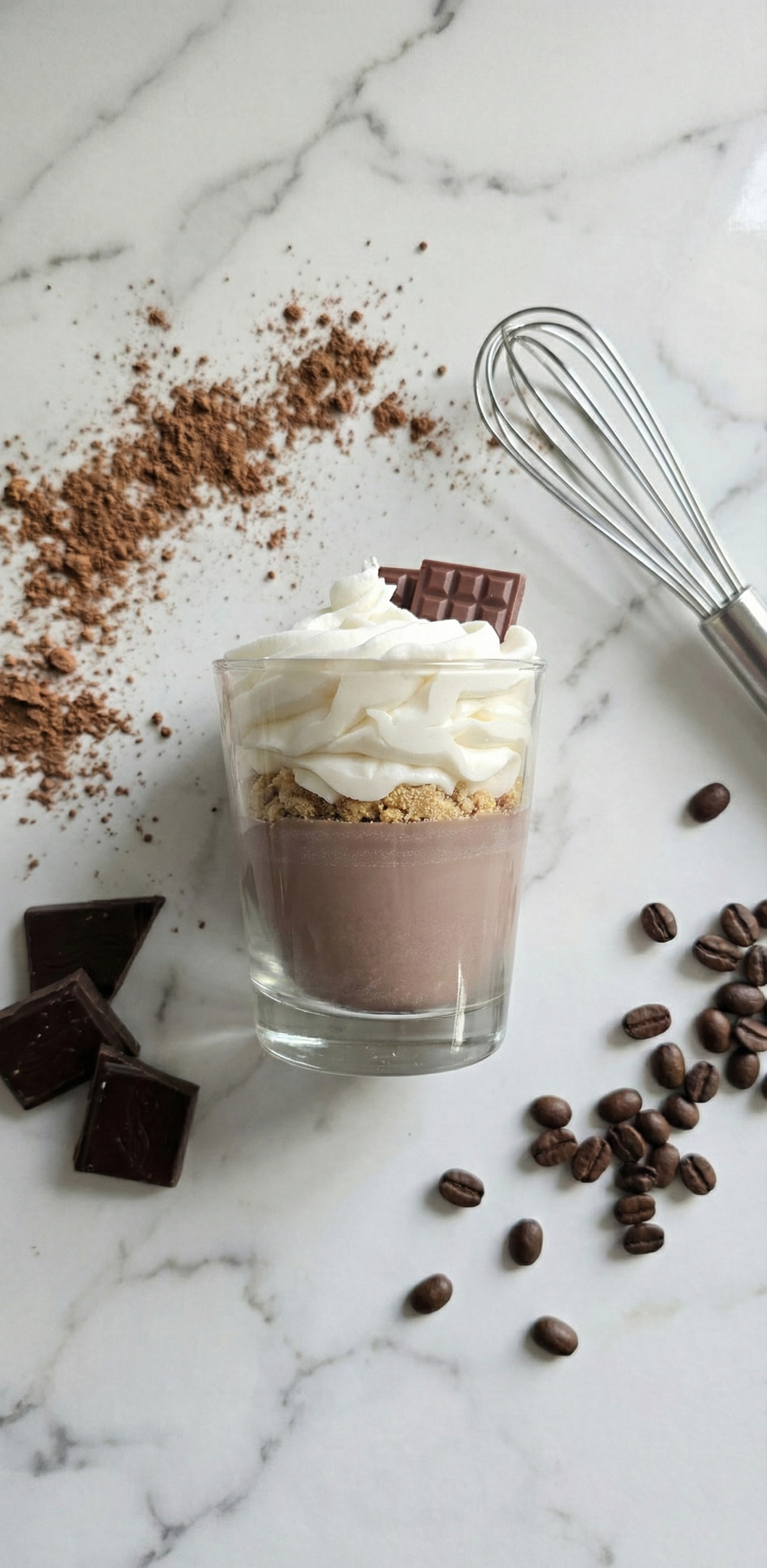 Vue de dessus d'une bougie gourmande imitant un dessert au chocolat dans un verre, posée sur un plan de travail en marbre blanc. Elle est entourée de poudre de cacao éparpillée, d'un fouet en métal, de quelques grains de café et de carrés de chocolat noir.