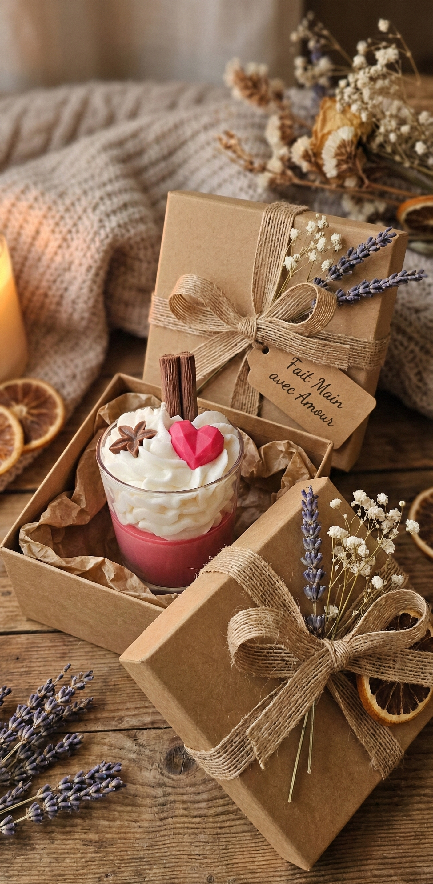 Idée cadeau artisanal : bougie gourmande dans un coffret en kraft décoré de fleurs séchées et d'une étiquette fait main.