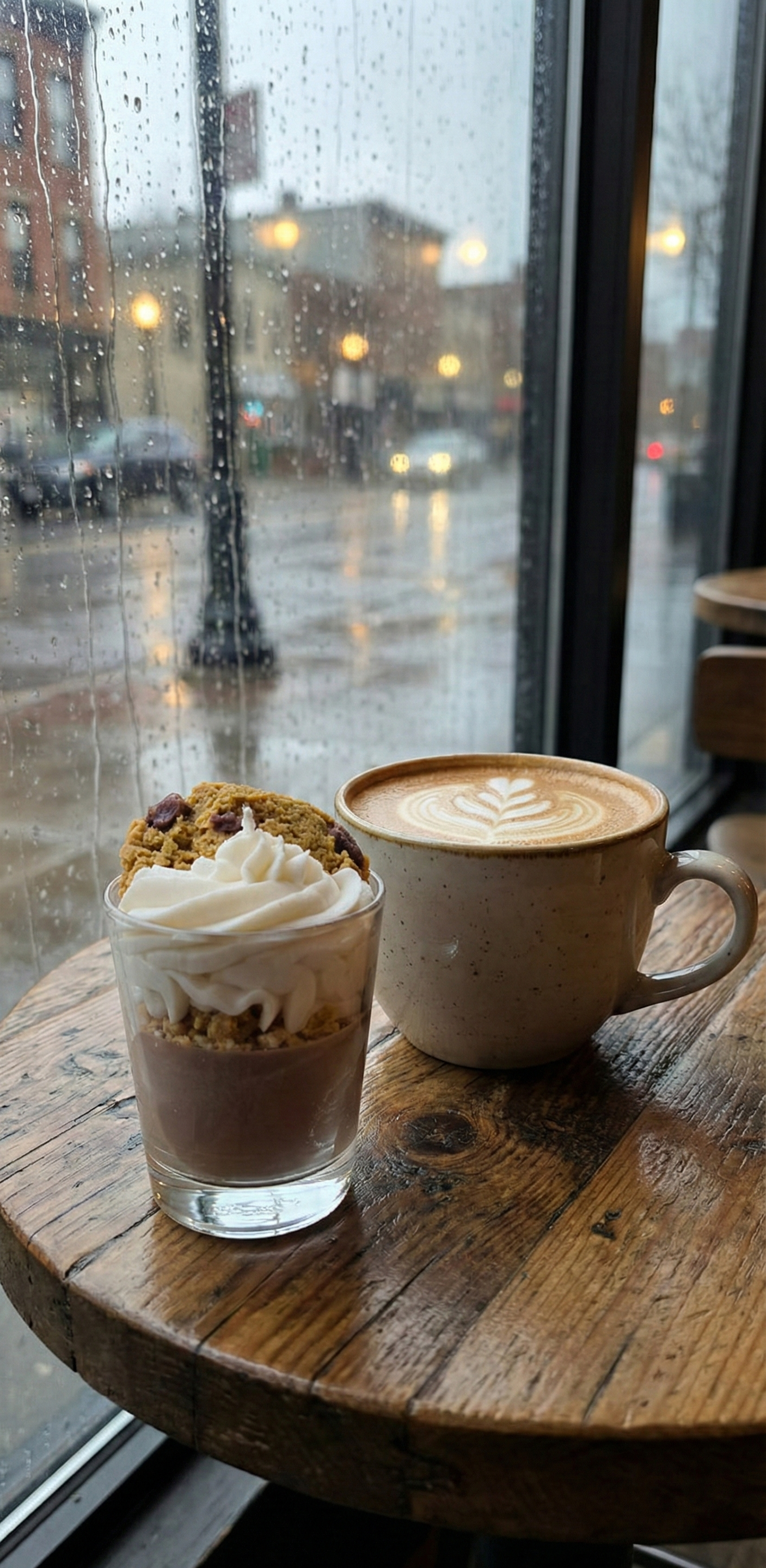 Bougie dessert sur une table de café près d'une vitre pluvieuse à côté d'une tasse de cappuccino latte art, ambiance hygge