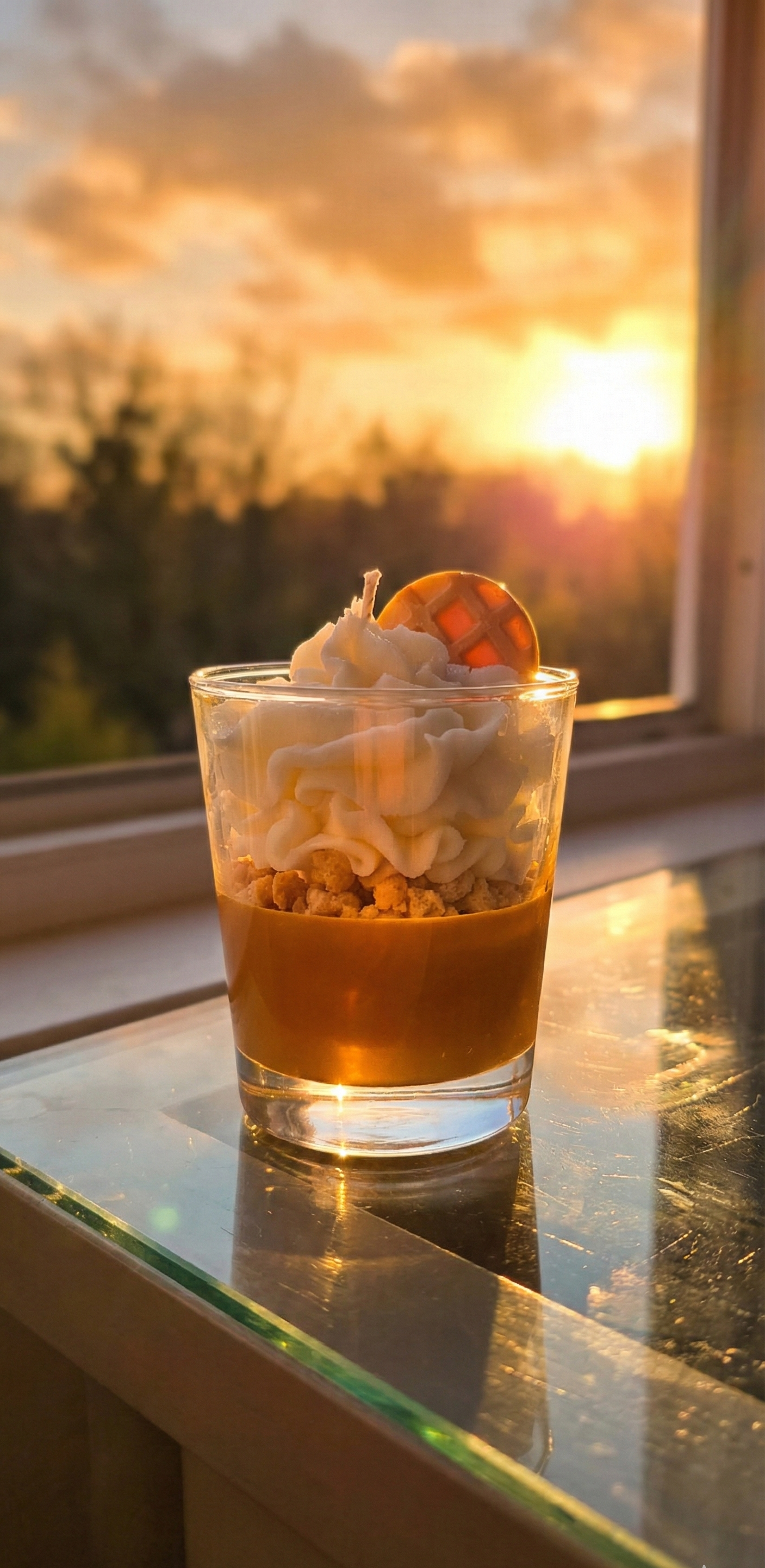 Bougie gourmande illuminée par la lumière dorée d'un coucher de soleil, posée sur le rebord d'une fenêtre avec reflets chaleureux