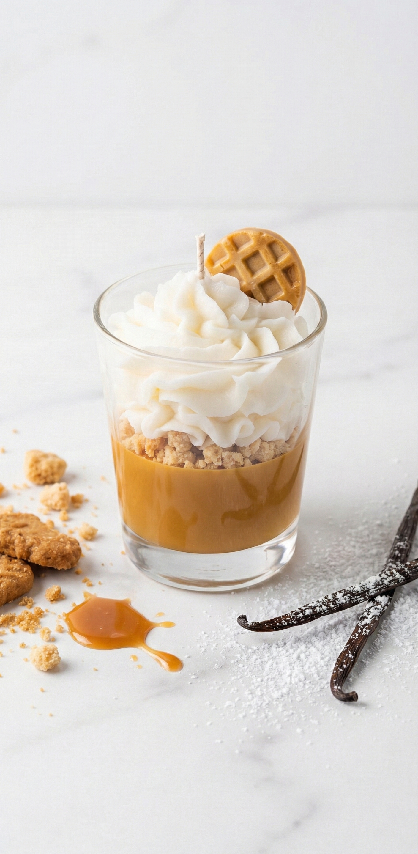Bougie gourmande artisanale parfum caramel avec chantilly de cire et décor gaufrette, présentée sur marbre blanc avec gousses de vanille et éclats de biscuit