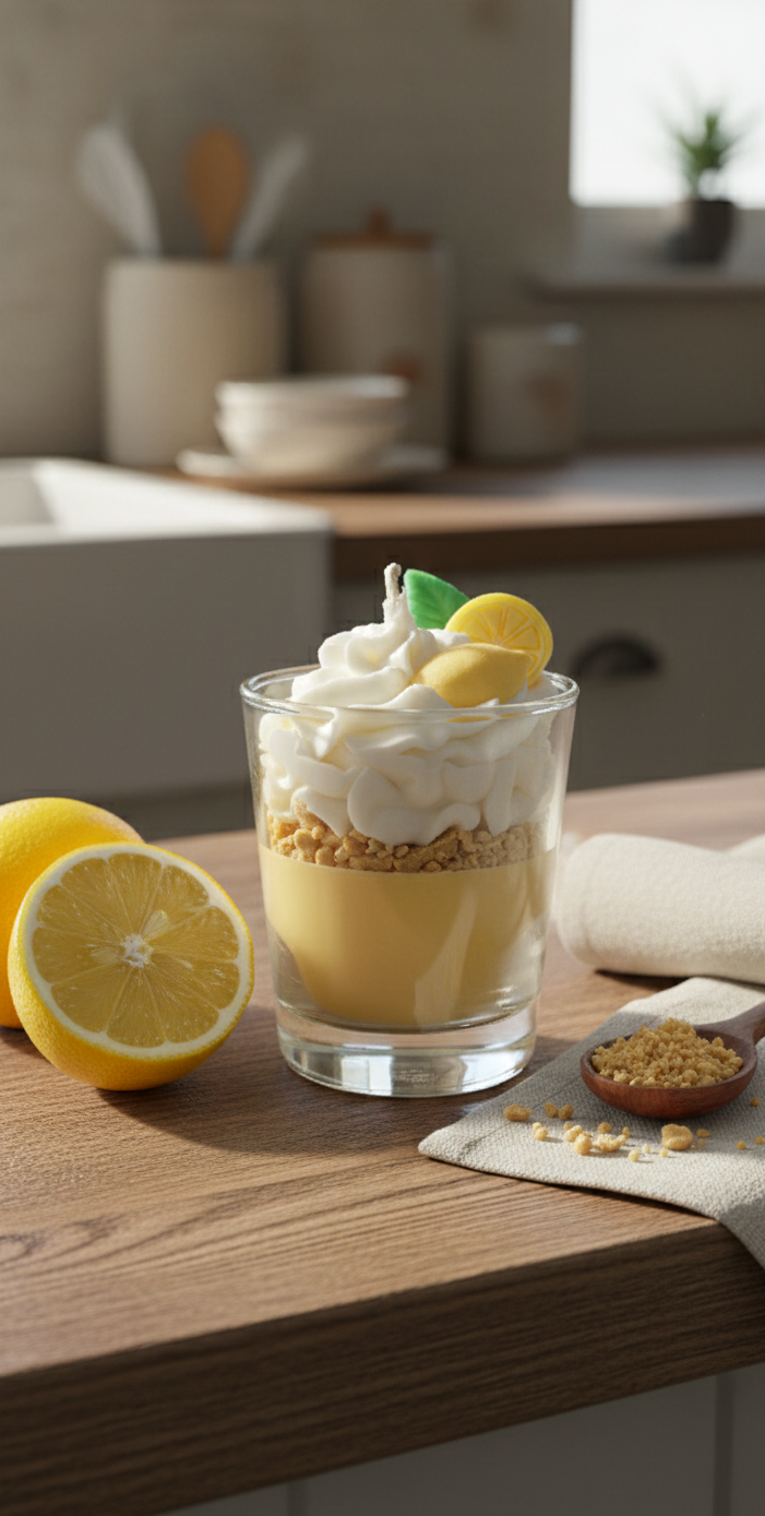Bougie gourmande façon tarte au citron meringuée en verrine, posée sur un plan de travail en bois avec des citrons frais et des miettes de biscuit