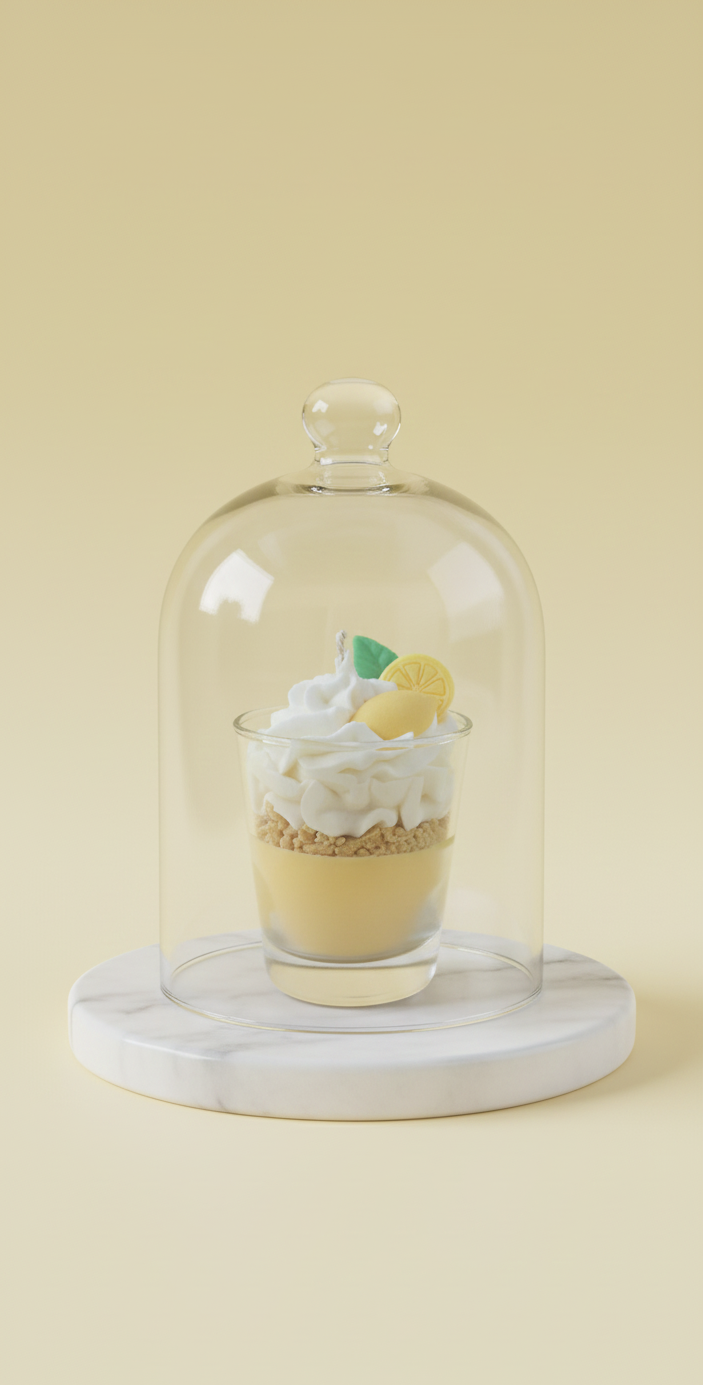 Bougie de luxe en cire végétale design pâtisserie citron, présentée sous une cloche en verre sur un socle en marbre, fond beige minimaliste. Pourquoi c'est bon : Utilise des mots-clés liés au haut de gamme