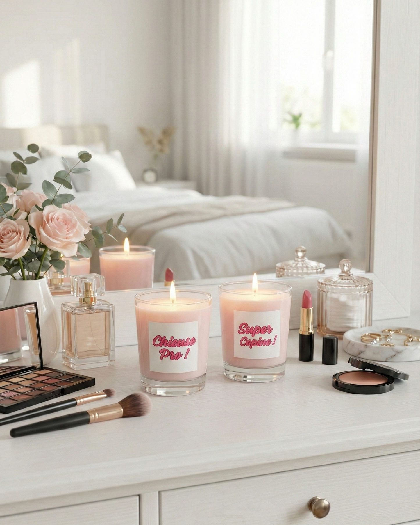 Bougies roses "Chieuse Pro" et "Super Copine" disposées sur une coiffeuse blanche moderne avec maquillage et parfums, décoration chambre féminine