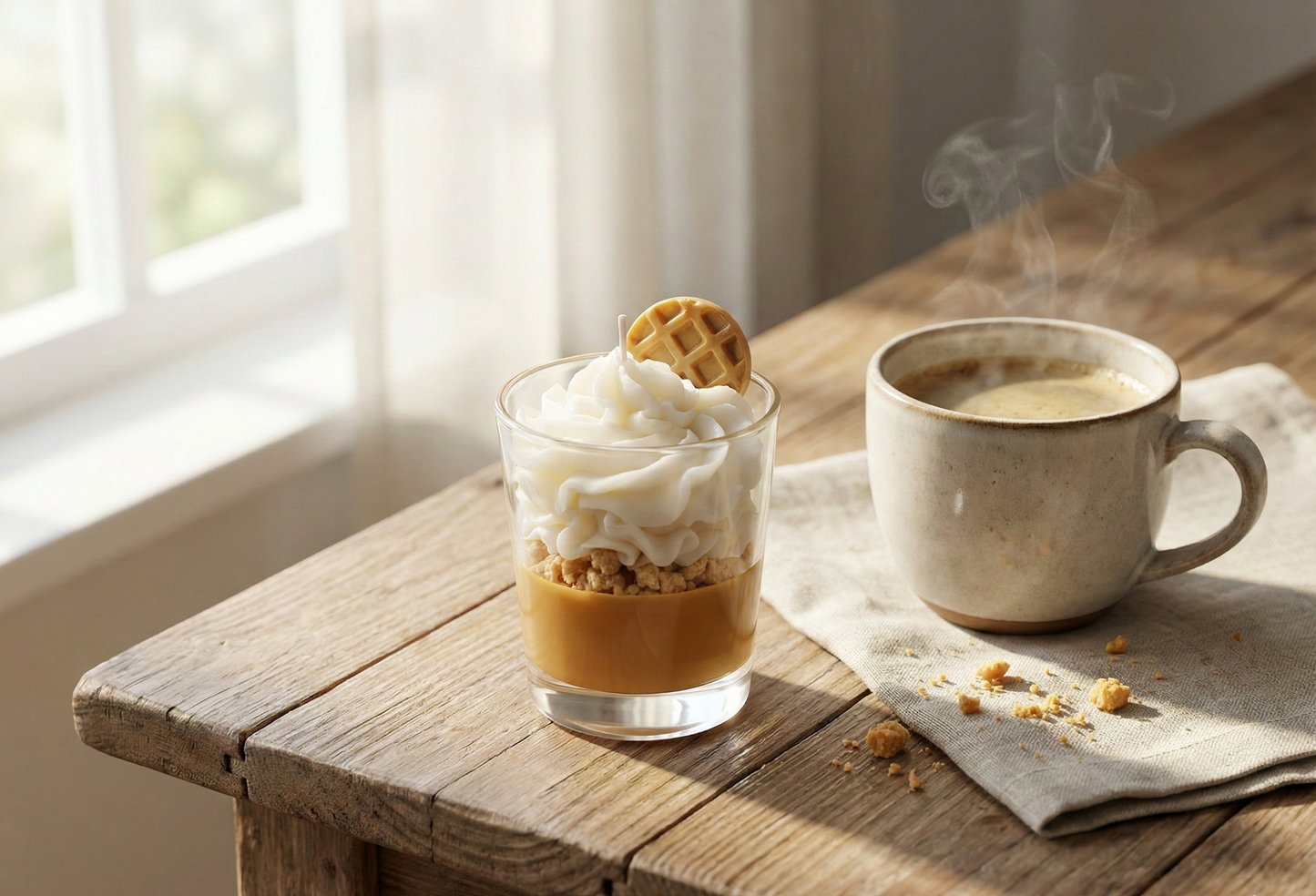 Bougie parfumée façon dessert au café et caramel sur une table en bois rustique, accompagnée d'une tasse fumante et miettes de biscuit