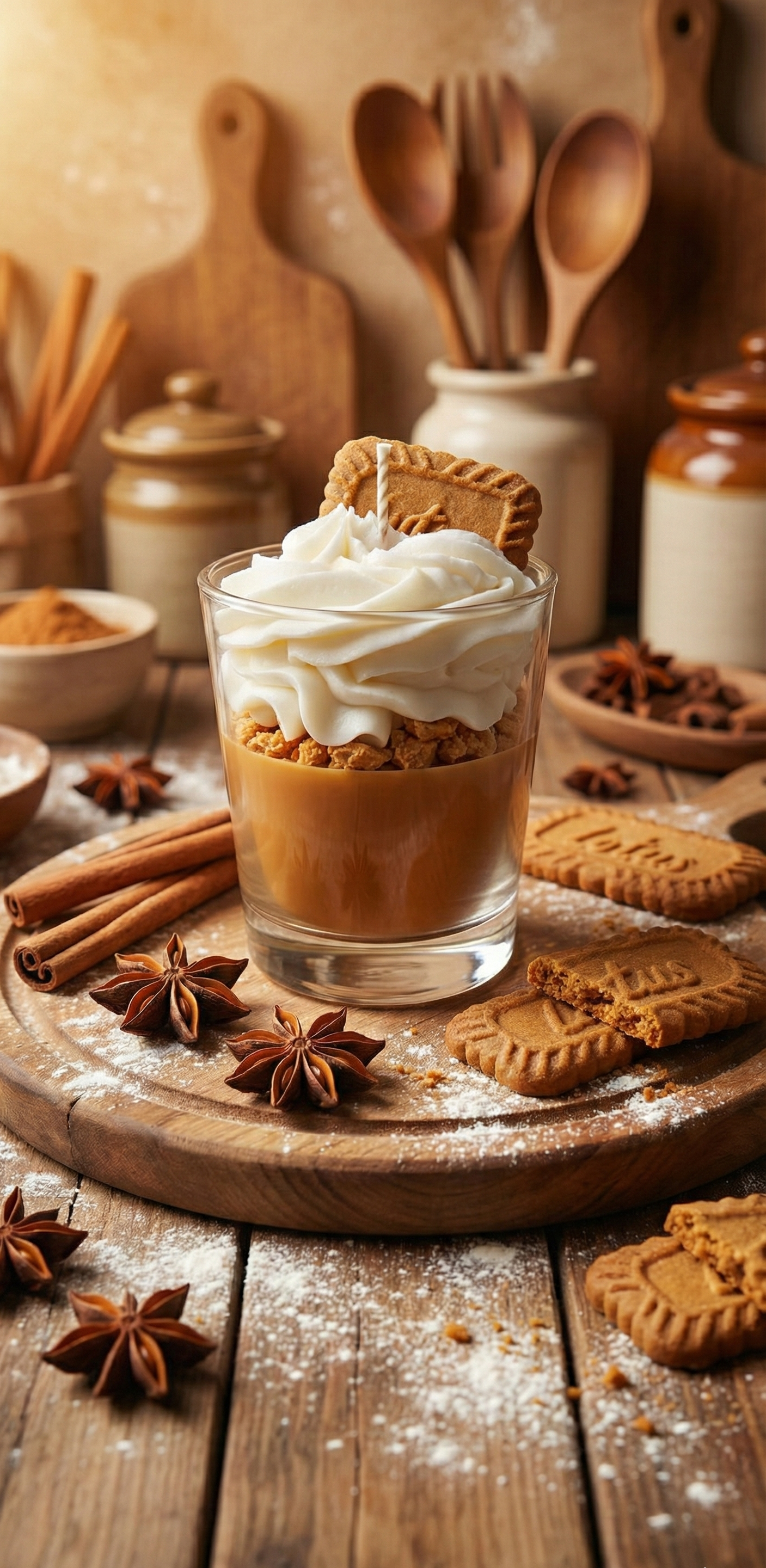 Une bougie gourmande dans un verre imitant un dessert au spéculoos, posée sur une planche en bois rustique entourée de farine, de bâtons de cannelle, d'anis étoilé et d'ustensiles de cuisine en bois en arrière-plan