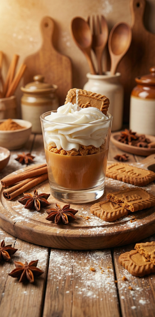 Une bougie gourmande dans un verre imitant un dessert au spéculoos, posée sur une planche en bois rustique entourée de farine, de bâtons de cannelle, d'anis étoilé et d'ustensiles de cuisine en bois en arrière-plan