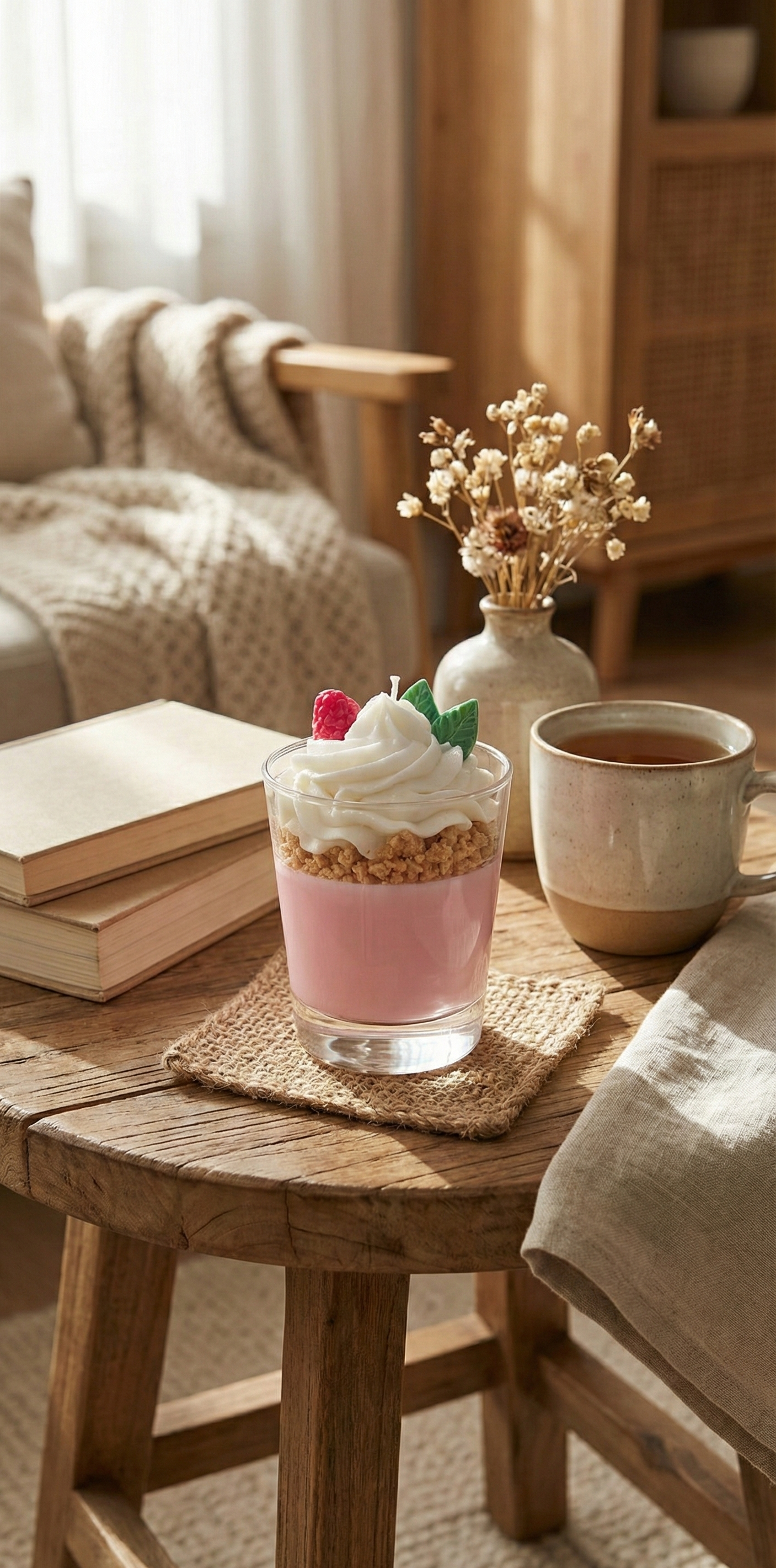 Bougie dessert crème fouettée et biscuit sur une table basse en bois rustique accompagnée de vieux livres et d'une tasse de thé pour une déco automnale.