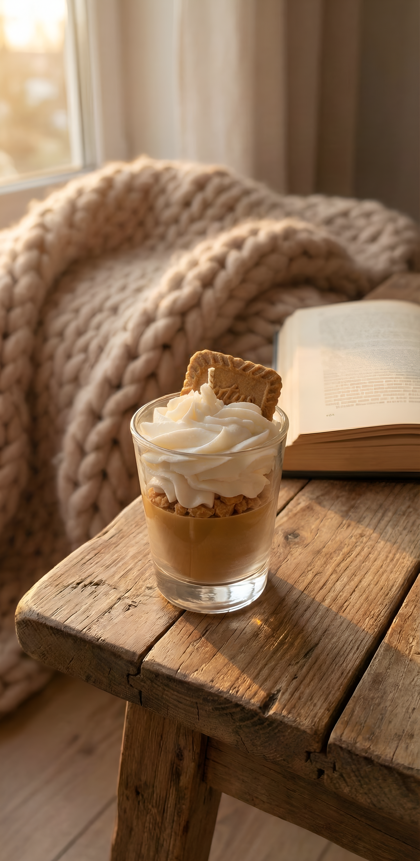 Une bougie gourmande posée sur un petit banc en bois vieilli à côté d'un livre ouvert et d'un plaid en grosse maille beige, baignée par la lumière douce d'une fenêtre pour une ambiance automnale confortable