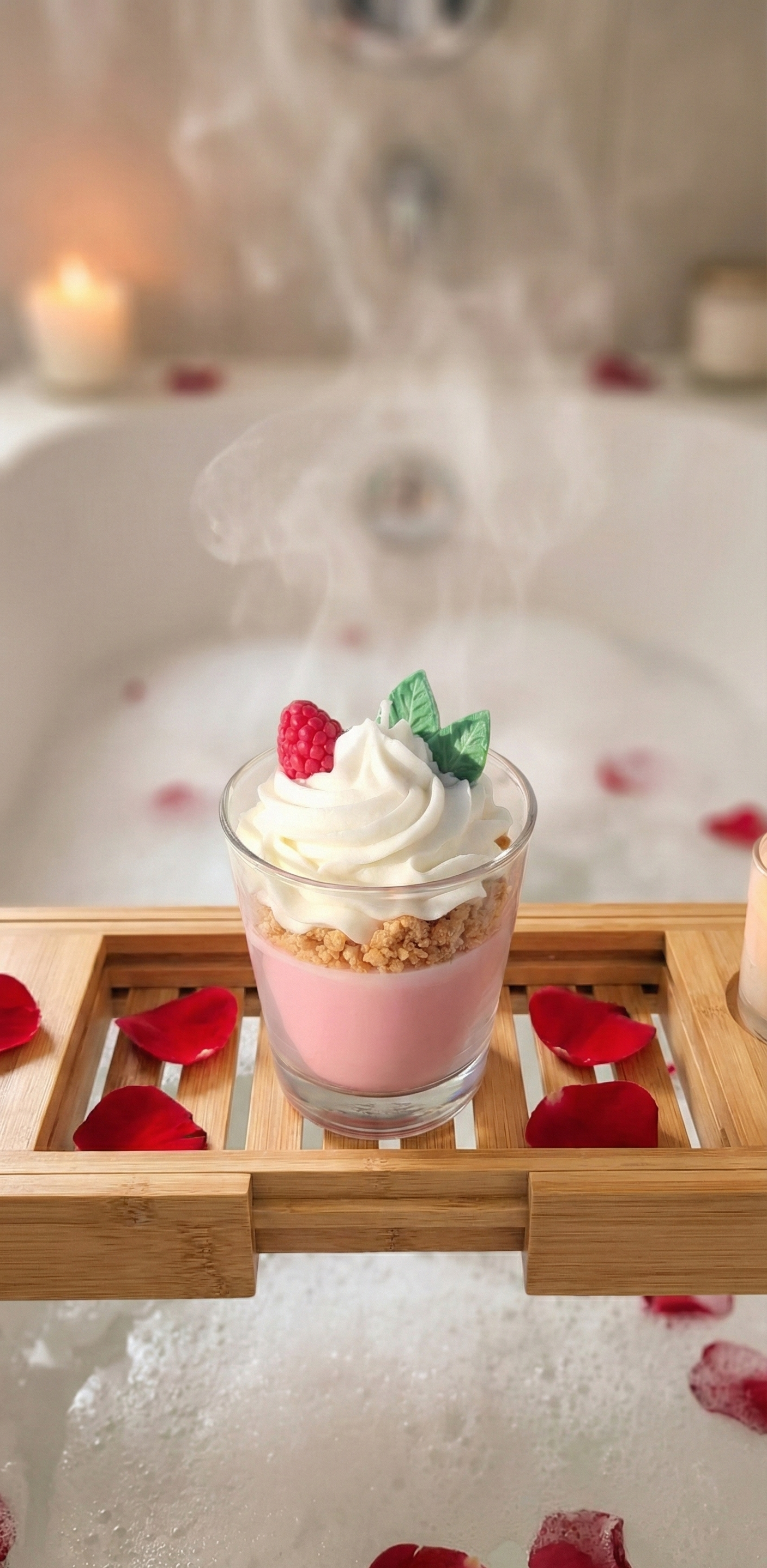 Bougie d'ambiance relaxante sur un plateau de baignoire en bambou, entourée de mousse et de pétales de roses pour un moment bien-être spa.