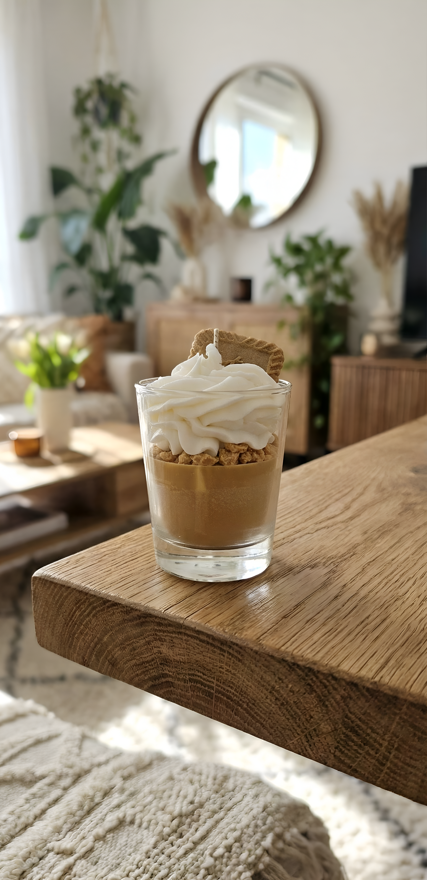 Une bougie décorative posée sur le coin d'une table basse en bois massif dans un salon lumineux au style bohème chic, avec des plantes vertes et un miroir rond en arrière-plan flou