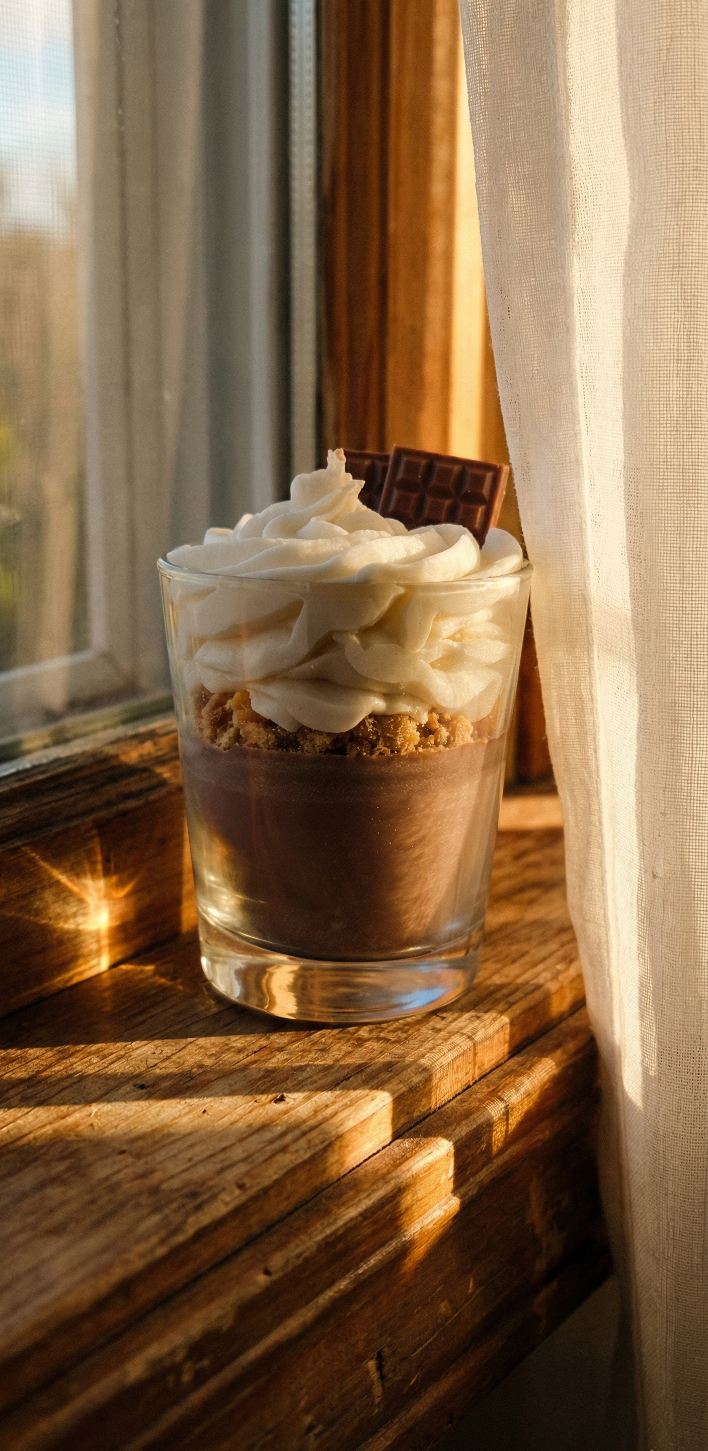 Une bougie gourmande au chocolat posée sur le rebord en bois vieilli d'une fenêtre. La lumière du soleil couchant traverse un rideau blanc transparent, créant des ombres douces et une atmosphère nostalgique.
