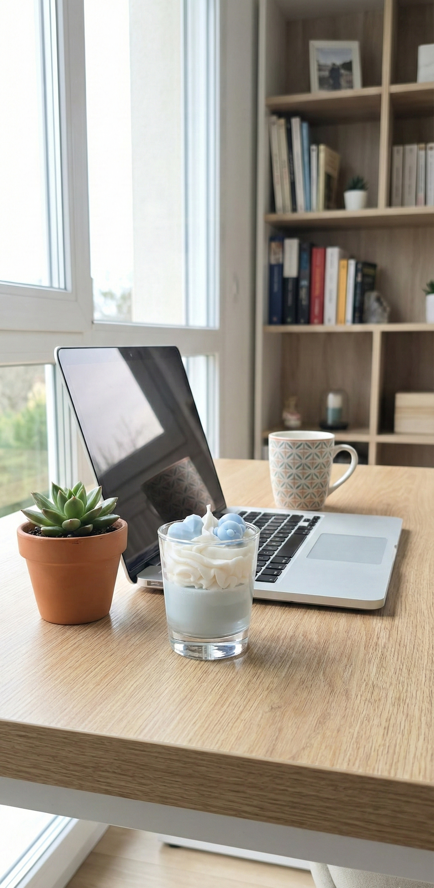 Bougie parfumée bleue sur un bureau moderne avec ordinateur portable et plante, décoration coin travail cocooning