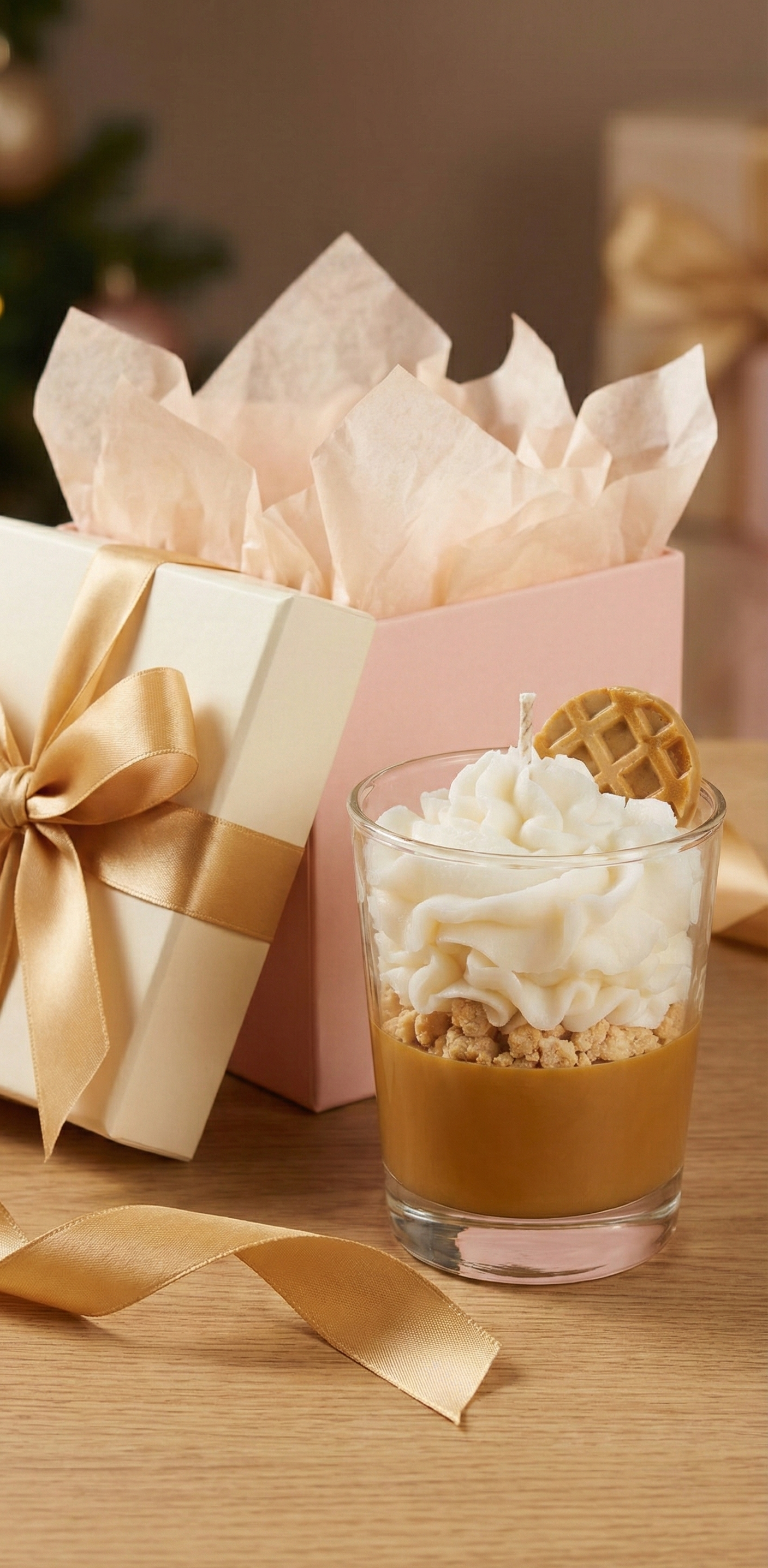 Idée cadeau bougie gourmande en verre posée près d'un coffret rose et ruban doré, décoration élégante pour Noël ou anniversaire
