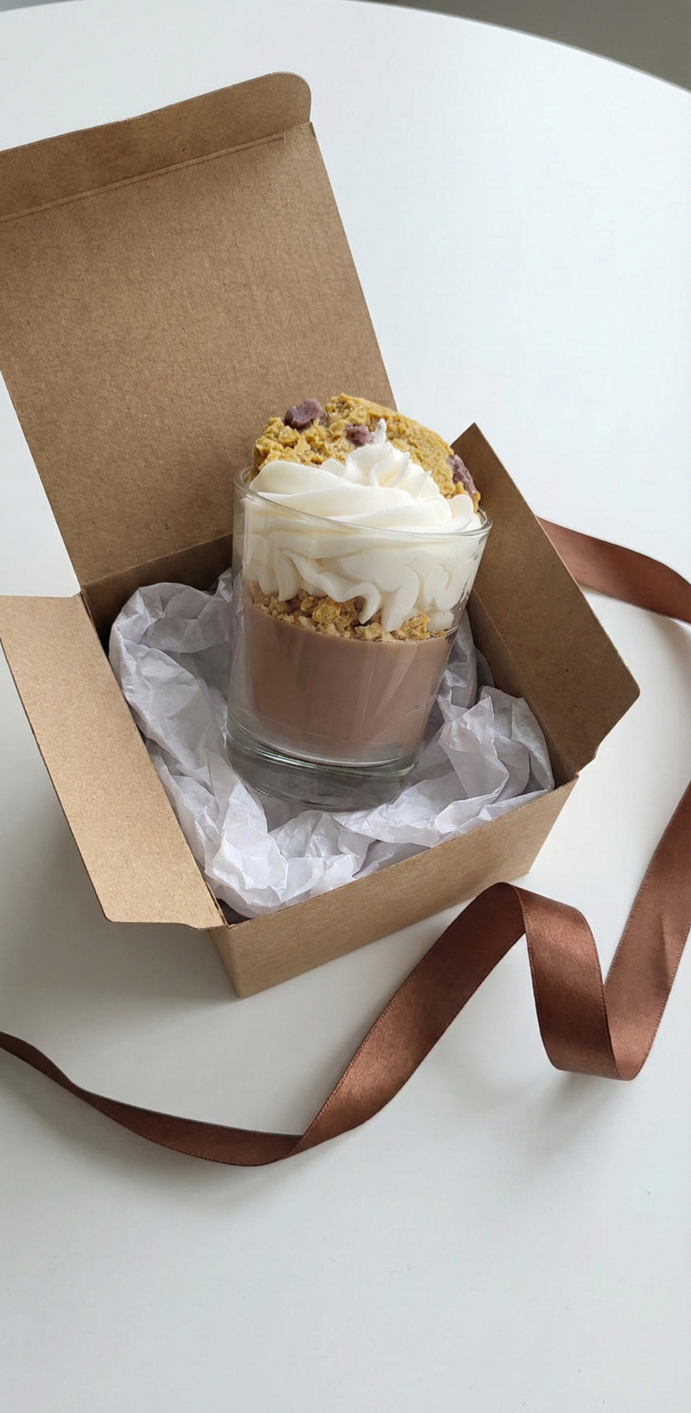 Bougie gourmande façon mousse au chocolat et cookie dans son coffret cadeau en carton kraft avec papier de soie et ruban marron