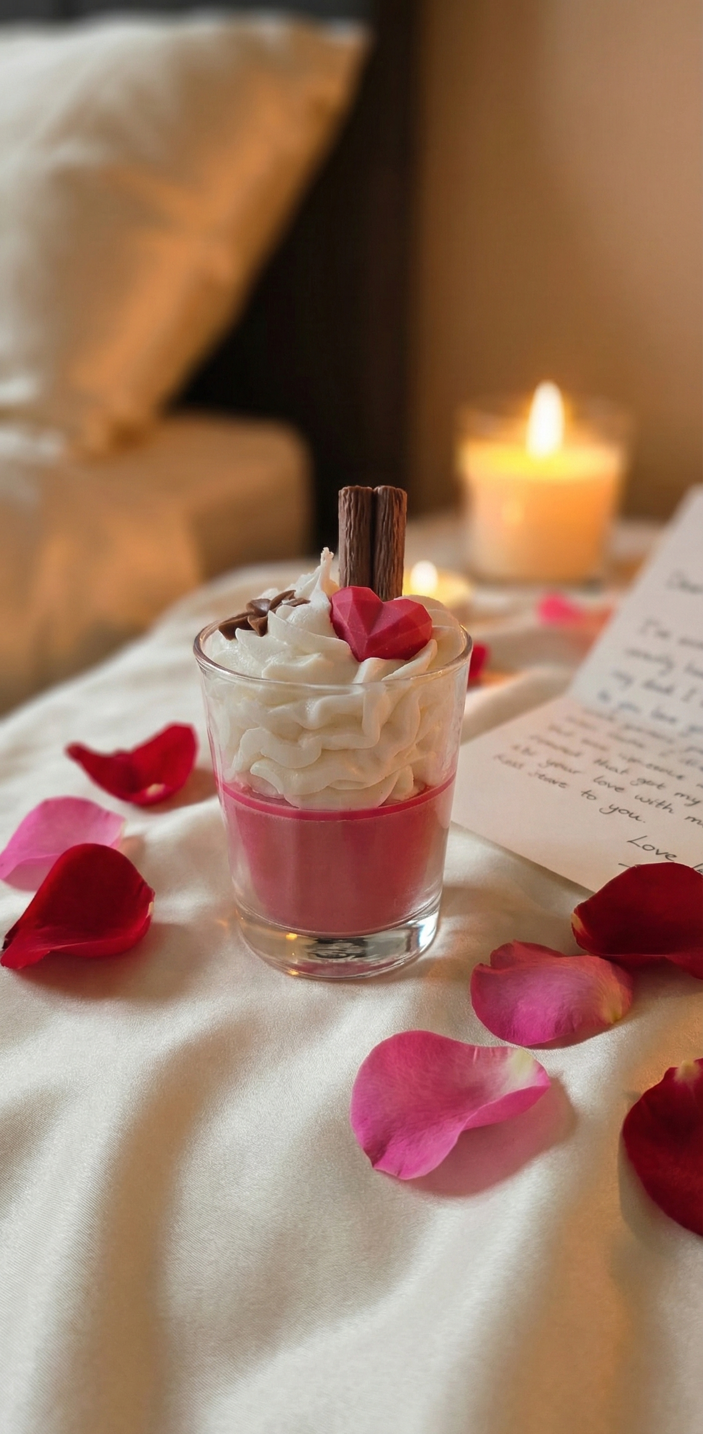 Bougie romantique Saint-Valentin sur des draps blancs, entourée de pétales de roses rouges et d'une lettre d'amour.