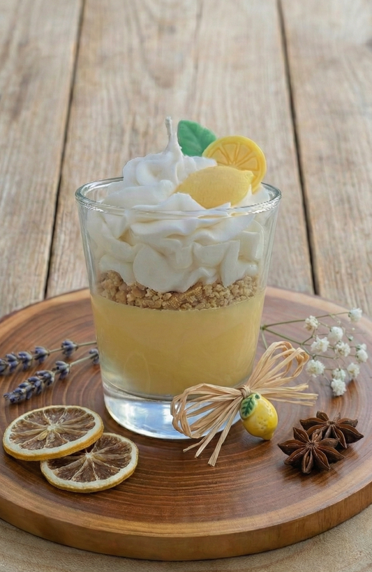 Bougie parfumée citron meringué sur plateau en bois rustique, entourée de tranches de citron séché, badiane, lavande et fleurs séchées.