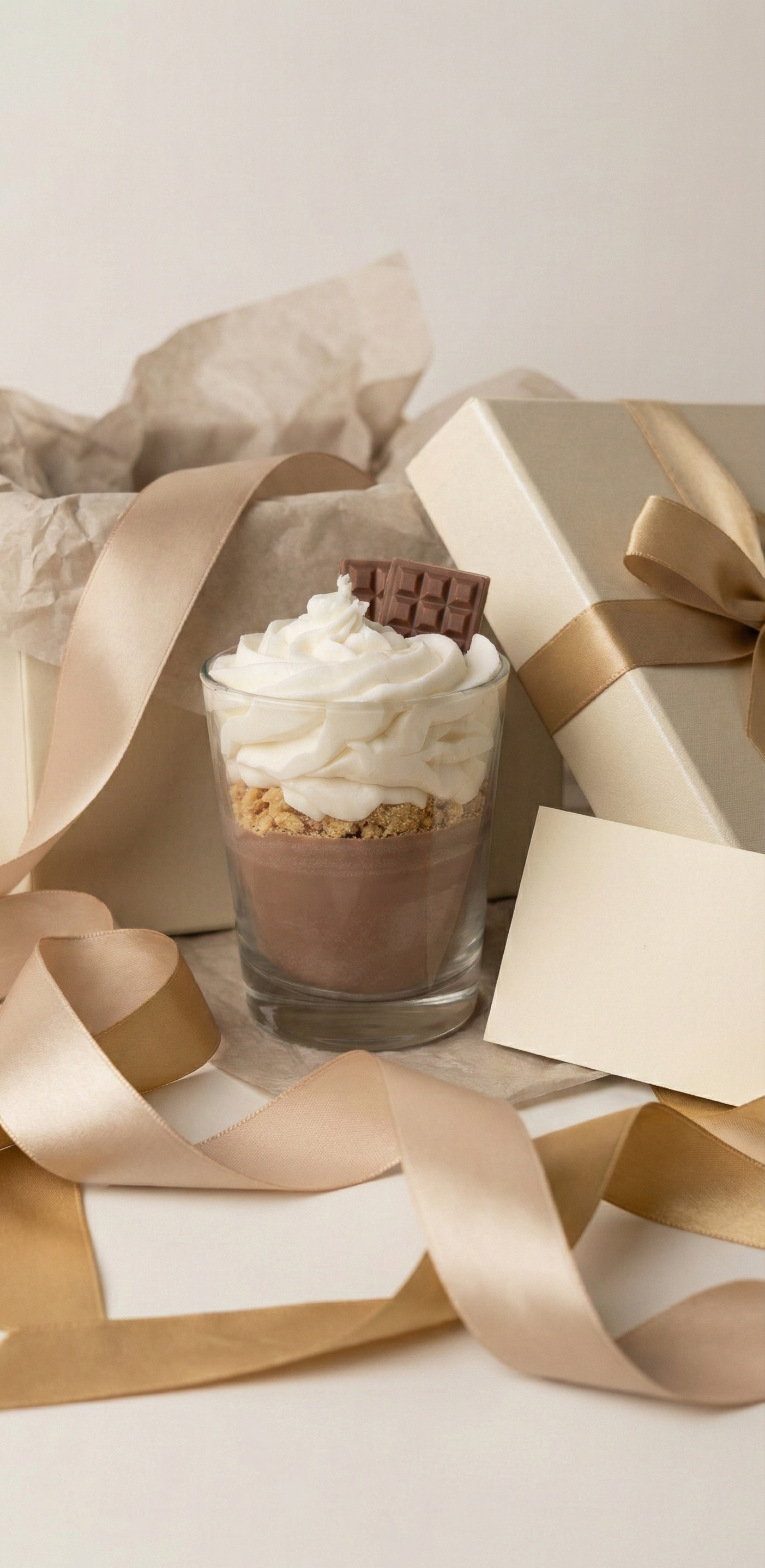 Une bougie gourmande au chocolat mise en valeur au milieu d'un emballage cadeau élégant. Elle est entourée de boîtes cadeaux beiges, de longs rubans dorés satinés, de papier de soie et d'une petite carte de vœux vierge.