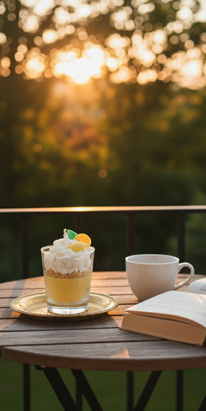 Bougie décorative au citron posée sur une table de balcon au coucher du soleil, accompagnée d'une tasse de café et d'un livre ouvert pour une ambiance cocooning