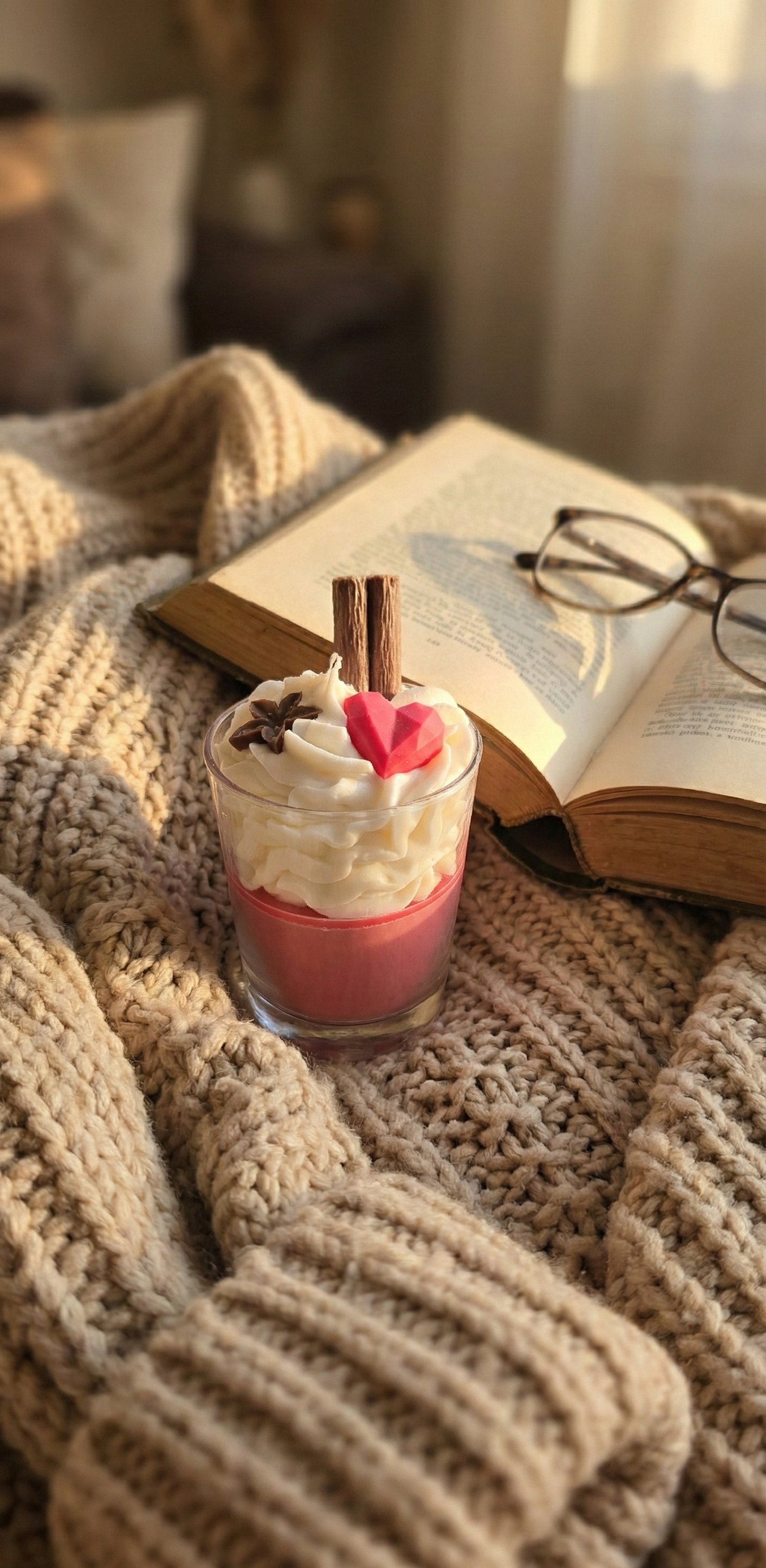 Bougie décorative effet dessert sur un plaid en tricot beige, accompagnée d'un vieux livre et de lunettes pour une ambiance cocooning