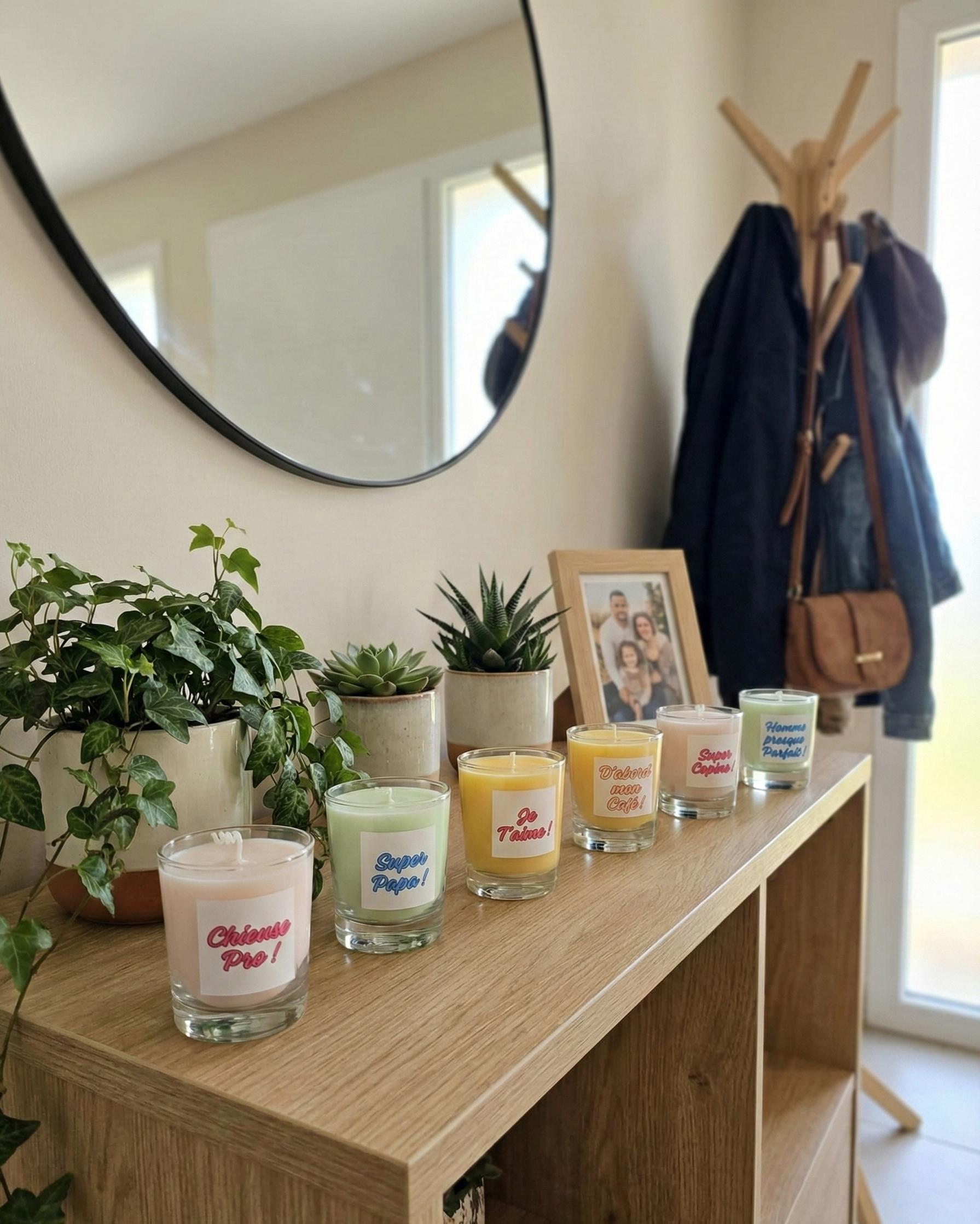 Assortiment de bougies à messages (Super Papa, Je t'aime, D'abord mon café) alignées sur une console en bois dans une entrée décorée de plantes