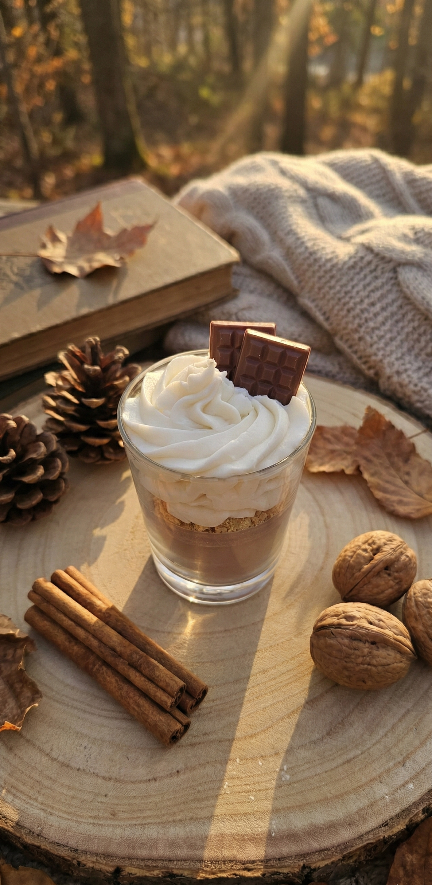 La bougie dessert posée sur un rondin de bois en extérieur, baignée par une lumière d'automne dorée. Le décor comprend des pommes de pin, des noix, des bâtons de cannelle, des feuilles mortes et un livre ancien fermé