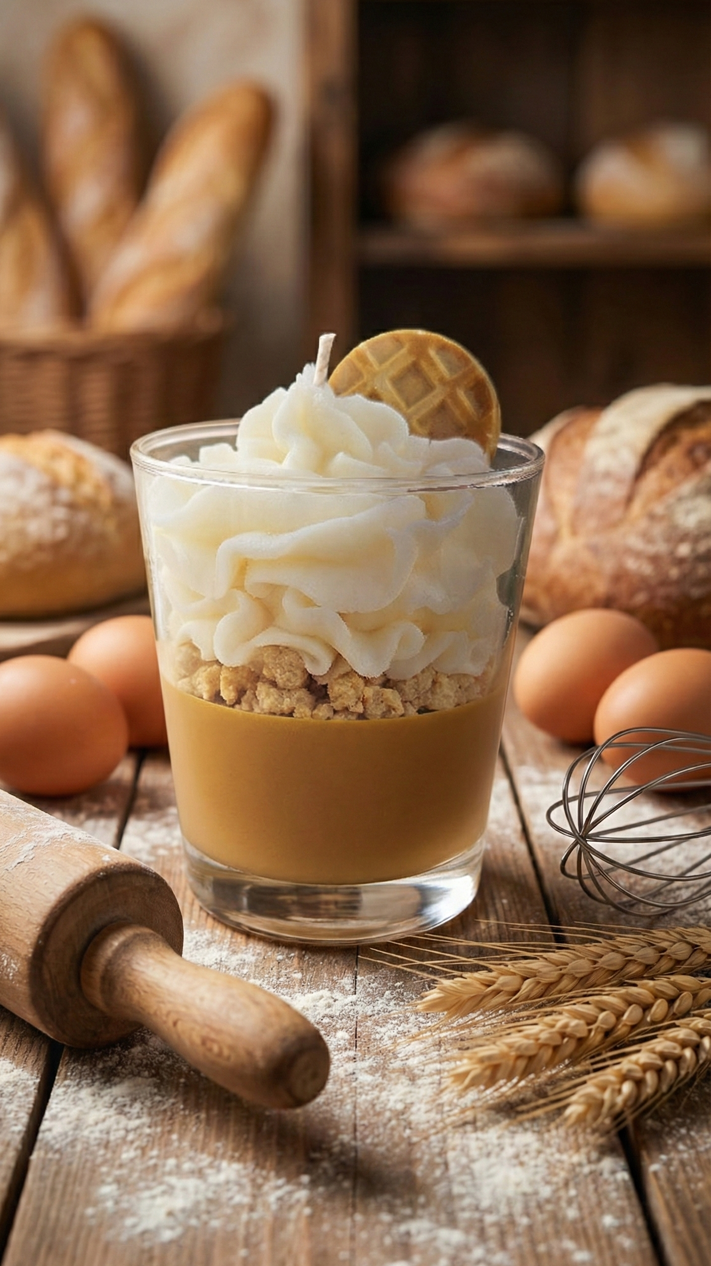 Bougie trompe-l'œil gourmande style pâtisserie entourée d'ingrédients bruts, farine et œufs, évoquant une fabrication artisanale fait main