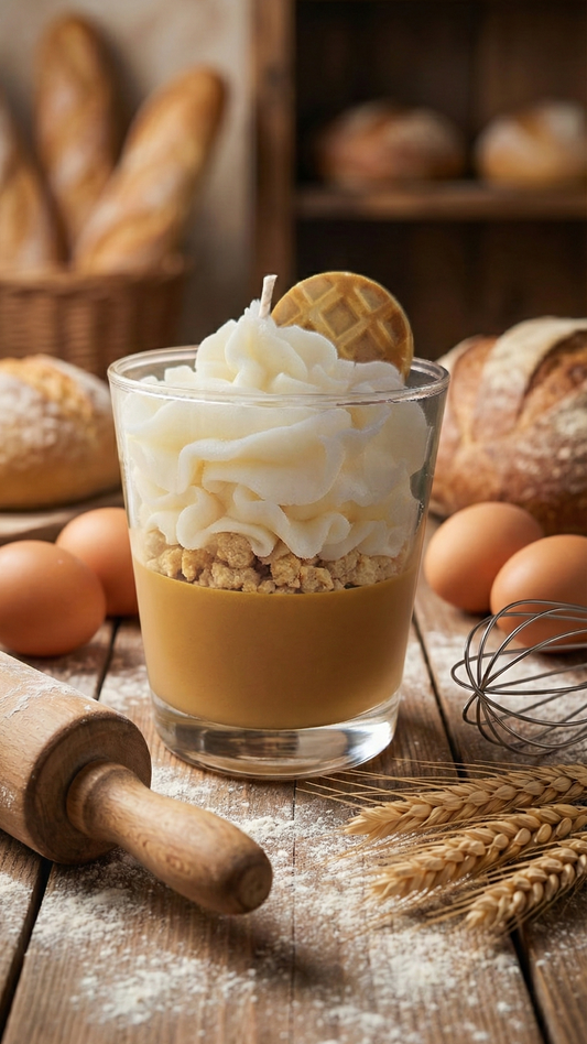 Bougie trompe-l'œil gourmande style pâtisserie entourée d'ingrédients bruts, farine et œufs, évoquant une fabrication artisanale fait main