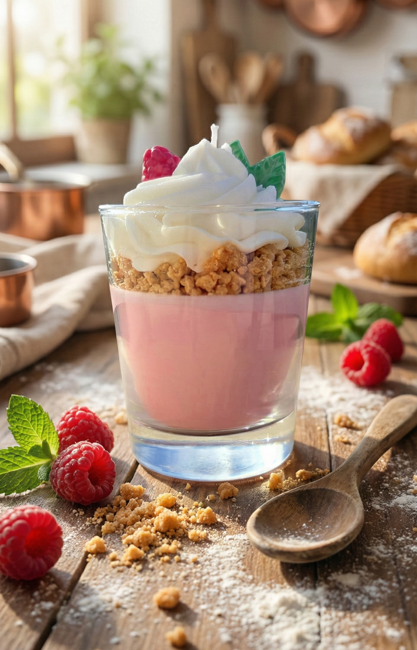 Bougie gourmande aspect pâtisserie mise en scène sur un plan de travail de cuisine avec cuillère en bois et ingrédients de pâtisserie.