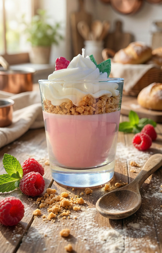 Bougie gourmande aspect pâtisserie mise en scène sur un plan de travail de cuisine avec cuillère en bois et ingrédients de pâtisserie.