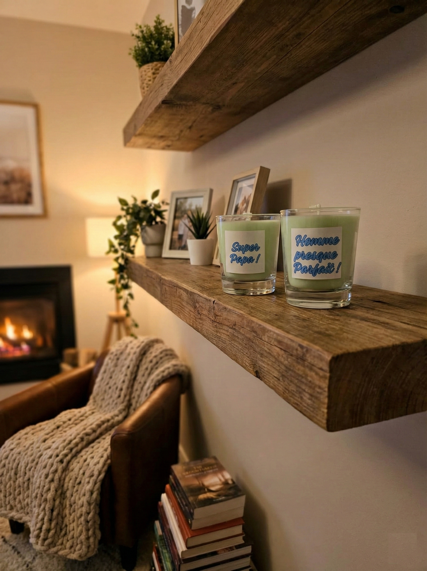 Décoration d'intérieur avec bougies "Super Papa" et "Homme presque Parfait" sur une étagère en bois massif au-dessus d'un coin lecture chaleureux