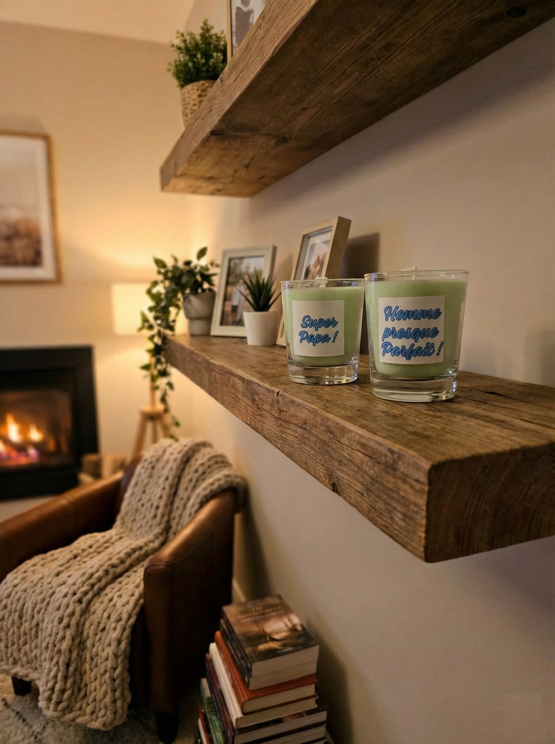 Décoration d'intérieur avec bougies "Super Papa" et "Homme presque Parfait" sur une étagère en bois massif au-dessus d'un coin lecture chaleureux