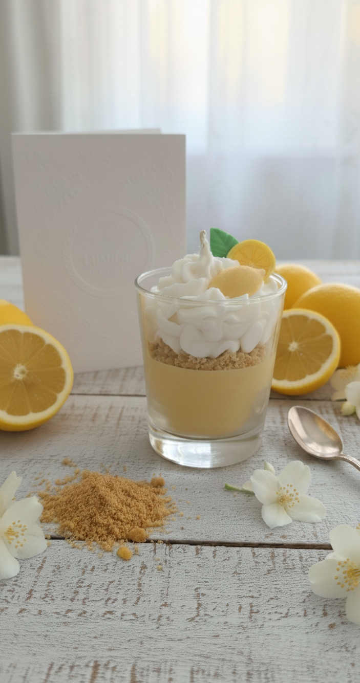 Bougie trompe-l'œil dessert au citron sur table blanche lumineuse, décorée de fleurs de jasmin, de poudre de biscuit et d'une carte de vœux élégante