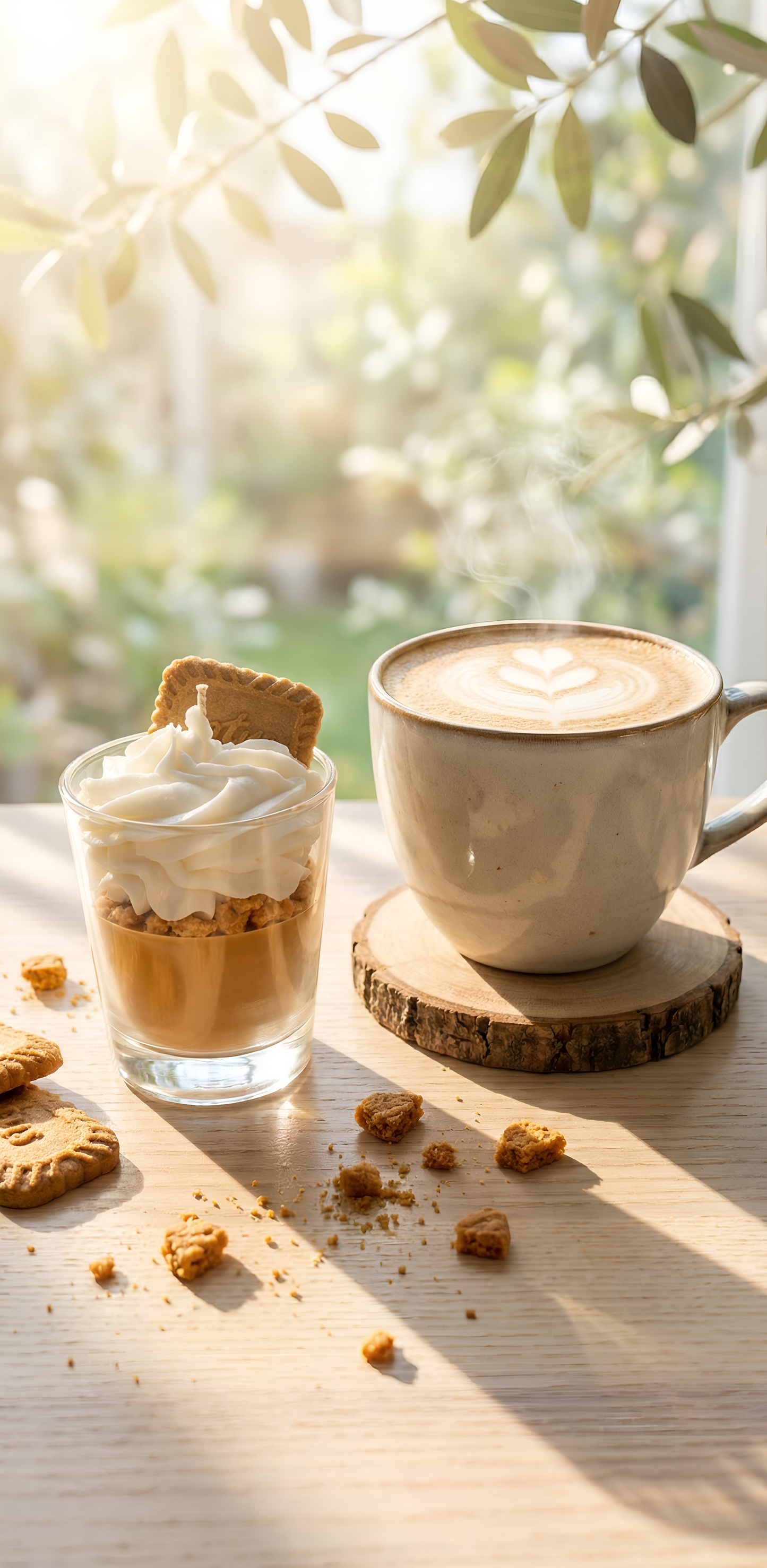 Une bougie gourmande au spéculoos placée à côté d'une tasse de café avec du latte art sur une table en bois clair, sous une lumière solaire naturelle créant des ombres de feuillage