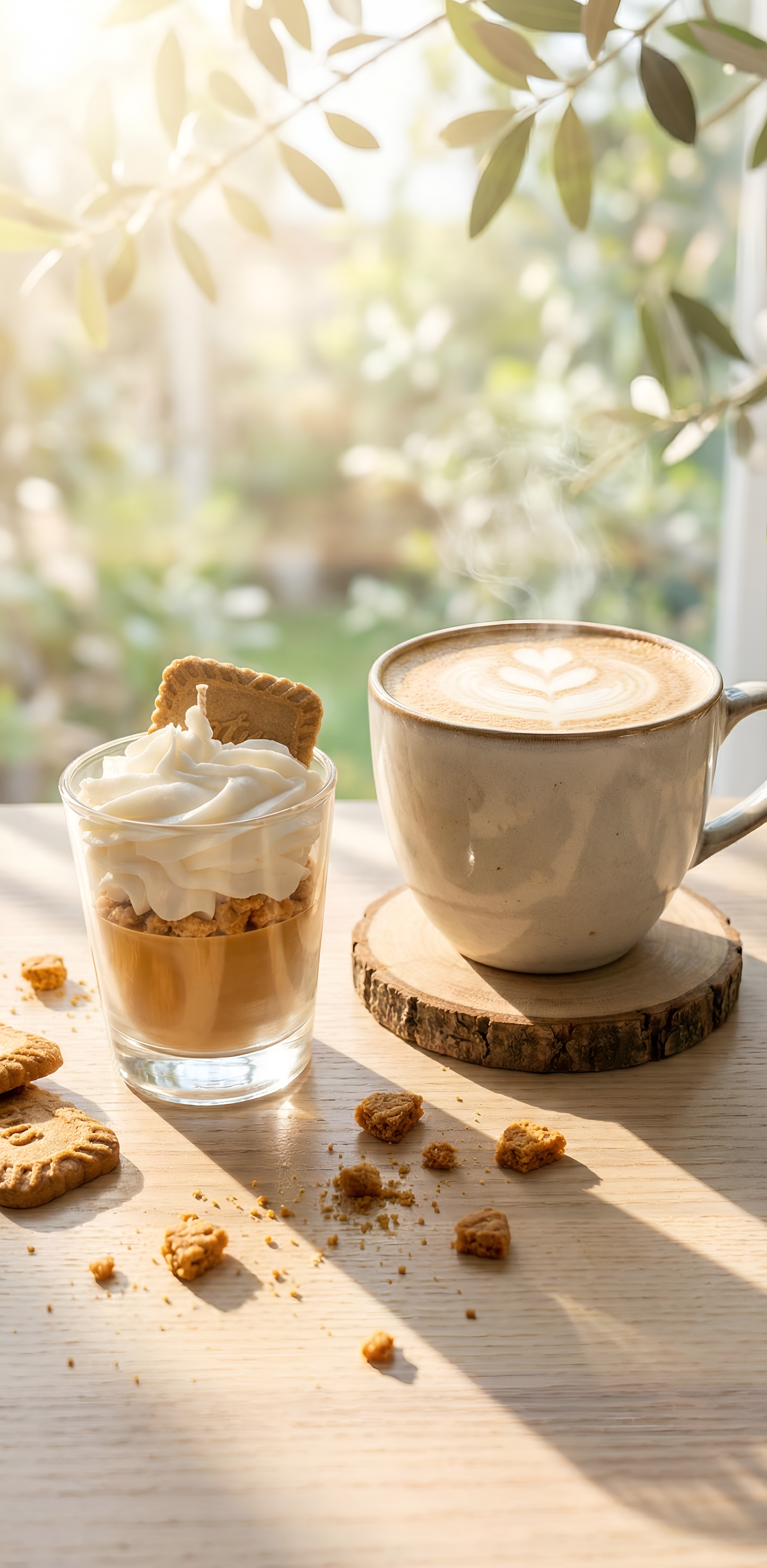 Une bougie gourmande au spéculoos placée à côté d'une tasse de café avec du latte art sur une table en bois clair, sous une lumière solaire naturelle créant des ombres de feuillage
