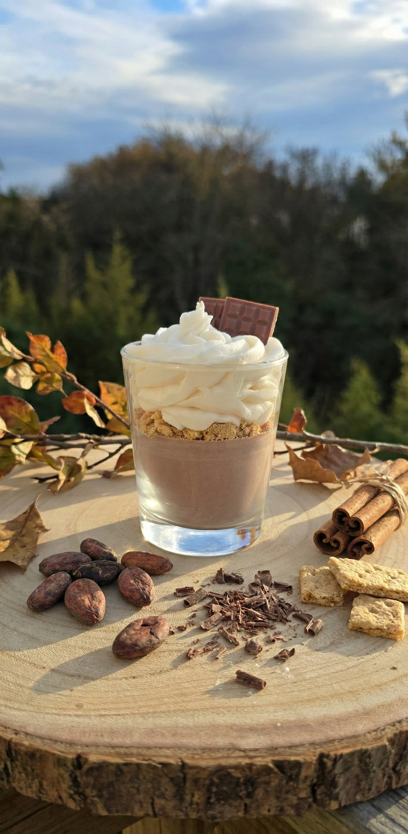 La bougie présentée en extérieur sur un support en bois, avec un paysage de collines boisées et un ciel nuageux en fond. Elle est accompagnée de fèves de cacao entières, de copeaux de chocolat, de bâtons de cannelle et de petits biscuits secs