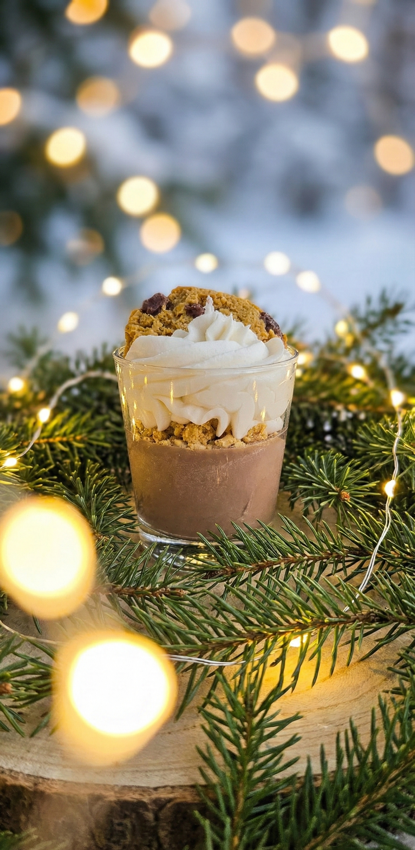 Bougie dessert de Noël mise en valeur au milieu de branches de sapin et de guirlandes lumineuses, décoration de table festive hivernale