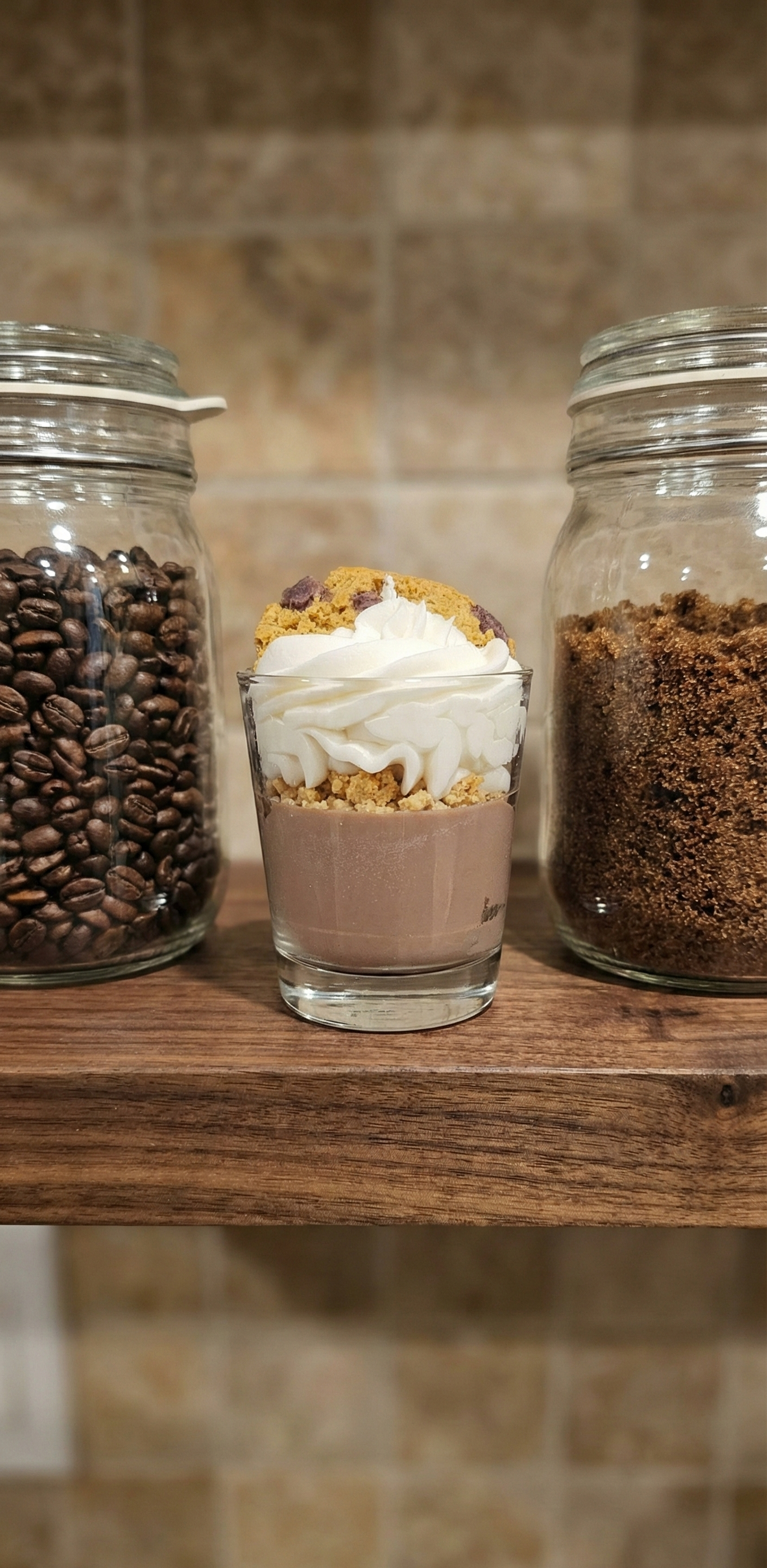 Bougie parfumée dessert exposée sur une étagère en bois rustique entre des bocaux de grains de café et de sucre brun