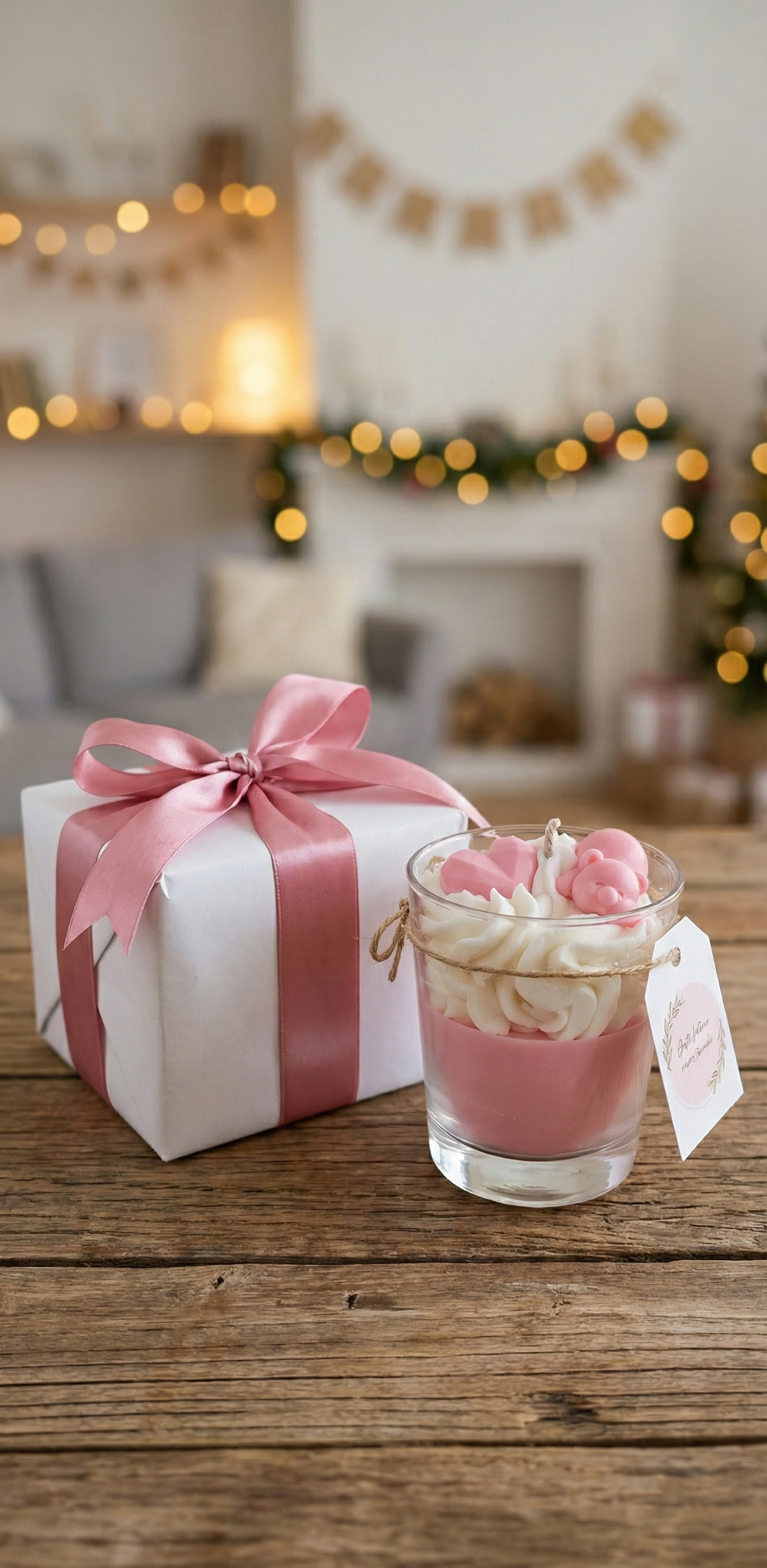 Idée cadeau bougie artisanale rose avec ourson en cire à côté d'un paquet cadeau blanc et ruban, ambiance festive