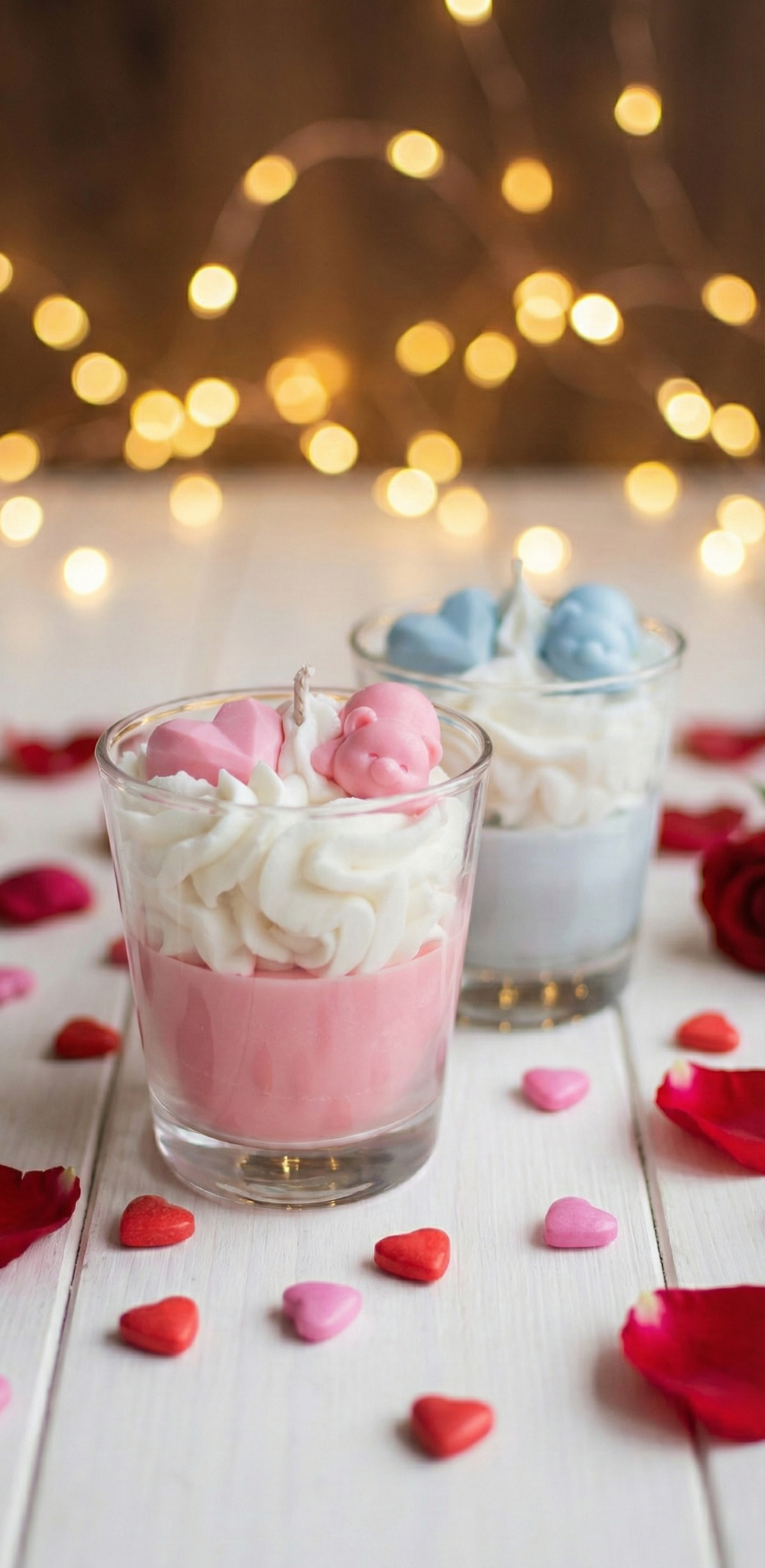 Bougies décoratives Saint-Valentin avec cire fouettée, pétales de roses et guirlande lumineuse en arrière-plan