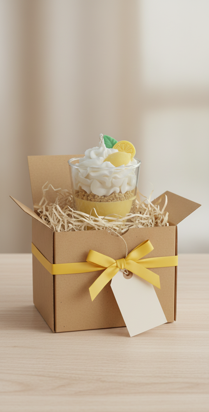 Idée cadeau bougie dessert citron dans une boîte en carton kraft ouverte, calée avec de la frisure de papier et décorée d'un ruban jaune et d'une étiquette vierge