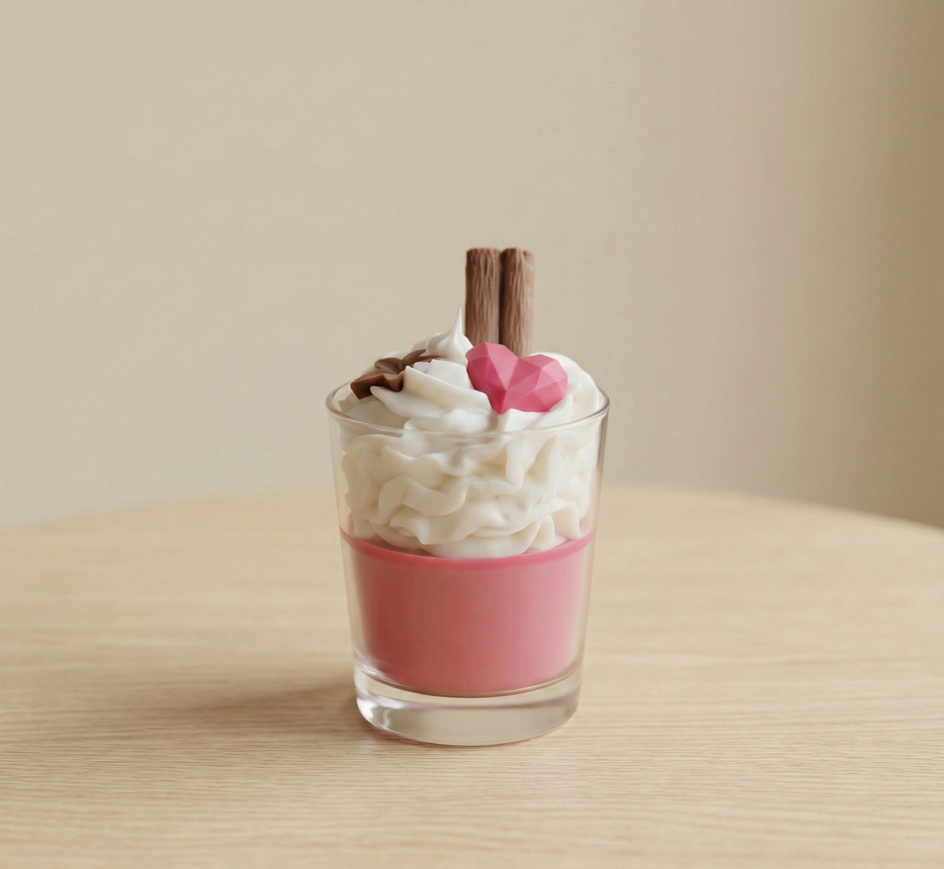 Gros plan sur une bougie gourmande dans un verre, composée de cire rose, fausse chantilly blanche et cœur géométrique.