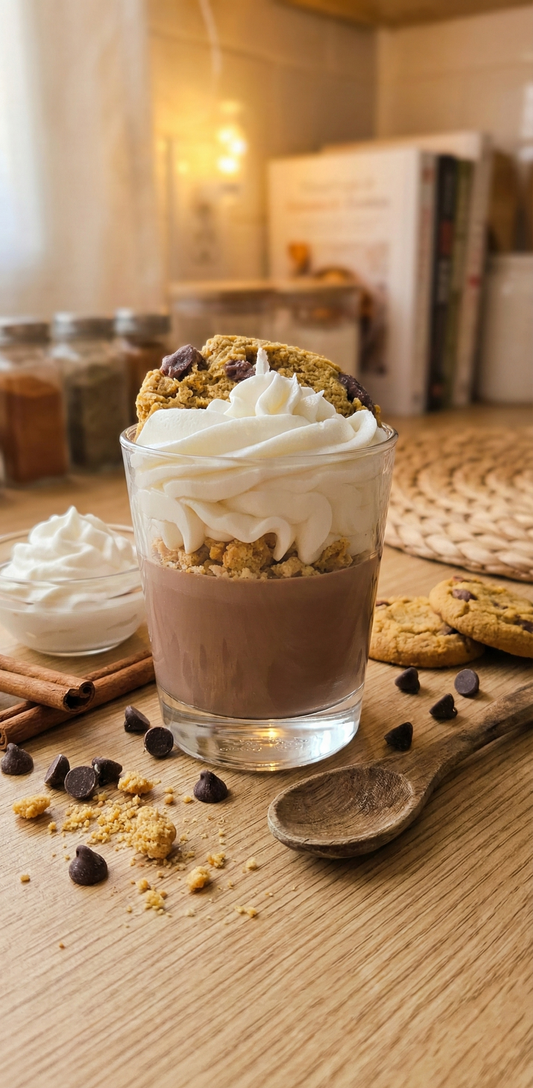 Bougie gourmande senteur chocolat et épices entourée de bâtons de cannelle, pépites de chocolat et cuillère en bois sur un plan de travail