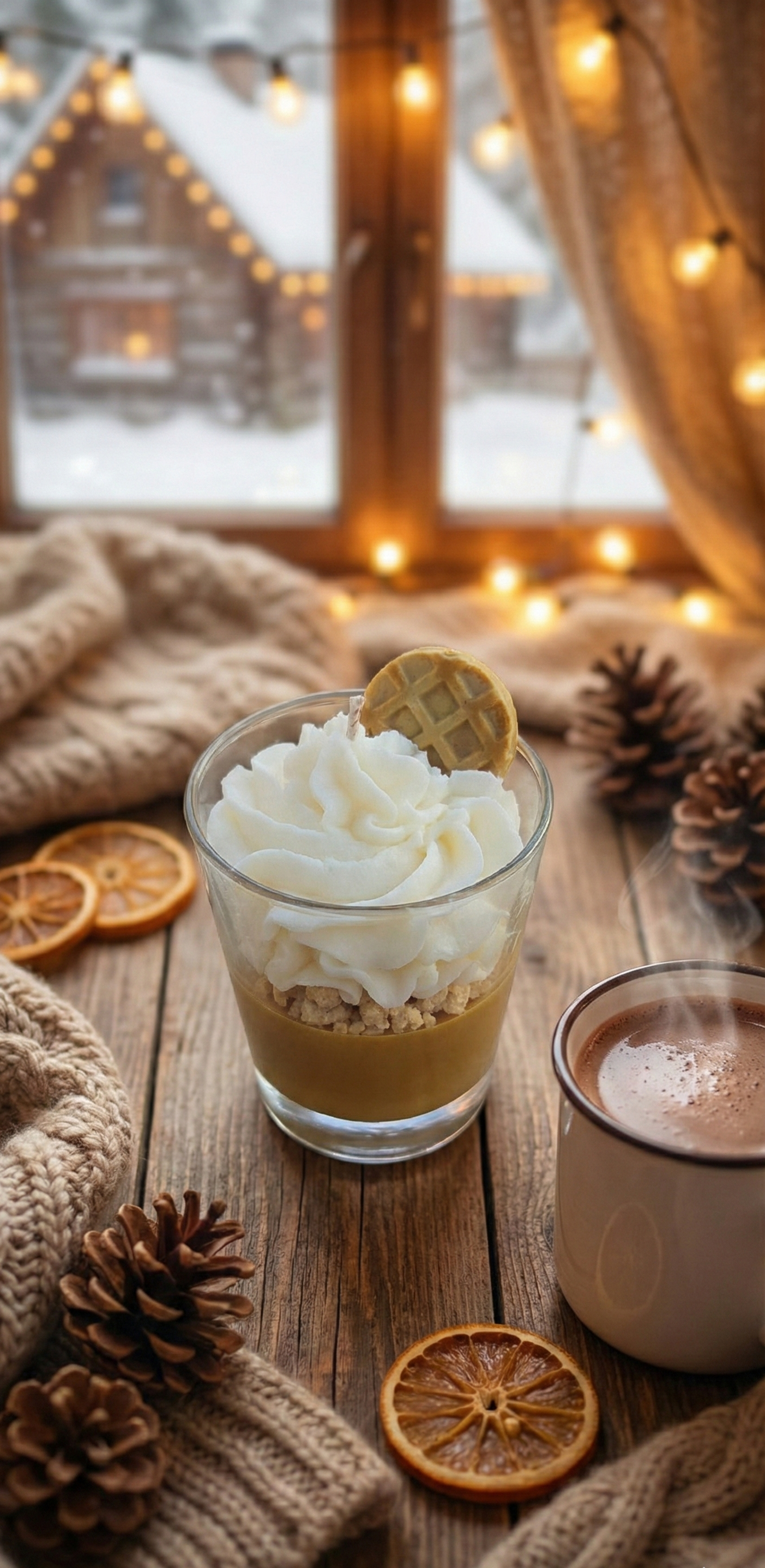 Bougie dessert hivernale devant une fenêtre enneigée, ambiance cocooning avec chocolat chaud, tricots et pommes de pin